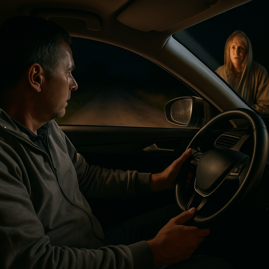 Семен їхав по сільській дорозі, мріючи швидше опинитися вдома. Цілий день він провів сьогодні у батьків у селі, втомився дуже. – Зараз приїду додому, прийму гарячу ванну, і відпочиватиму, – мріяв чоловік. Семен проїхав одне село, потім друге. І перед тим, як виїжджати на трасу, світло від його фар вихопило силует на узбіччі. – А це ще що таке? – здивувався він. Спочатку Семен хотів проїхати повз, мало що, можливо який житель села кудись прямує. Але під’їхавши ближче чоловік вирішив зупинитися. Семен зупинився біля цього силуету, опустив вікно і ахнув від побаченого