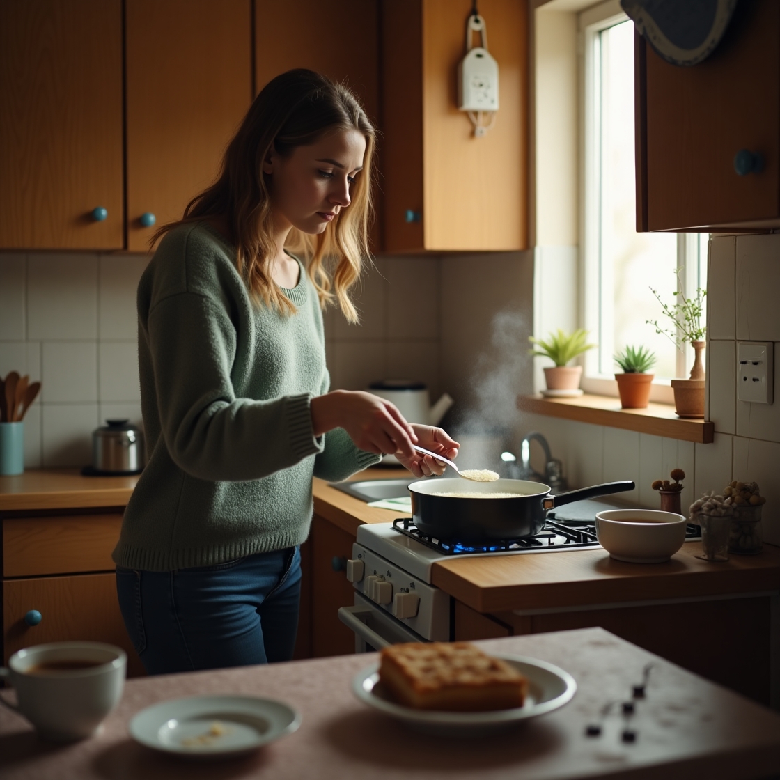 Марина зайшла на кухню. Вона попила какао з бутербродом і вирішила сьогодні похазяйнувати. Вона налила в маленьку каструльку молока, посолила і трохи підсолодила його й поставила на плиту. – Зварю манну кашу, вона найшвидше готується, – вирішила Марина. Вона стала всипати крупу в гаряче молоко і помішувати його ложкою. – Що ти тут робиш? – раптом почула вона за спиною. Маринка застигла з ложкою в руці