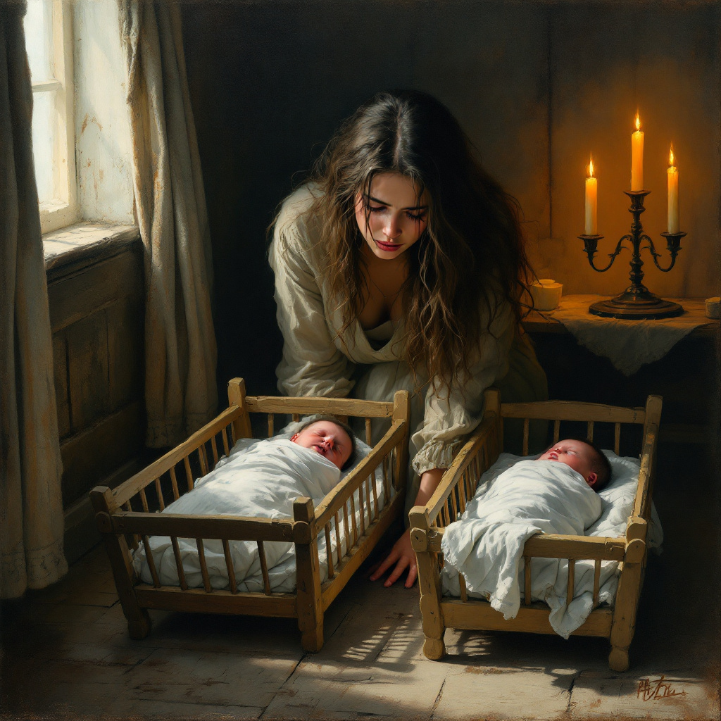 Матуся не переставала плакати. В Оксани народилась двійня — хлопчик та дівчинка. Вона сиділа, схилившись над колискою і розуміла, що від однієї дитини доведеться відмовитись