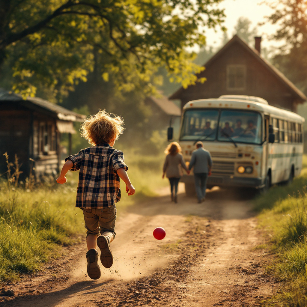 Андрійко побачив автобус, що наближається по сільській дорозі, і, кинувши м’яч, побіг до зупинки щосили. Клітчаста сорочка розстебнулася, світле волосся здіймалося від вітру.