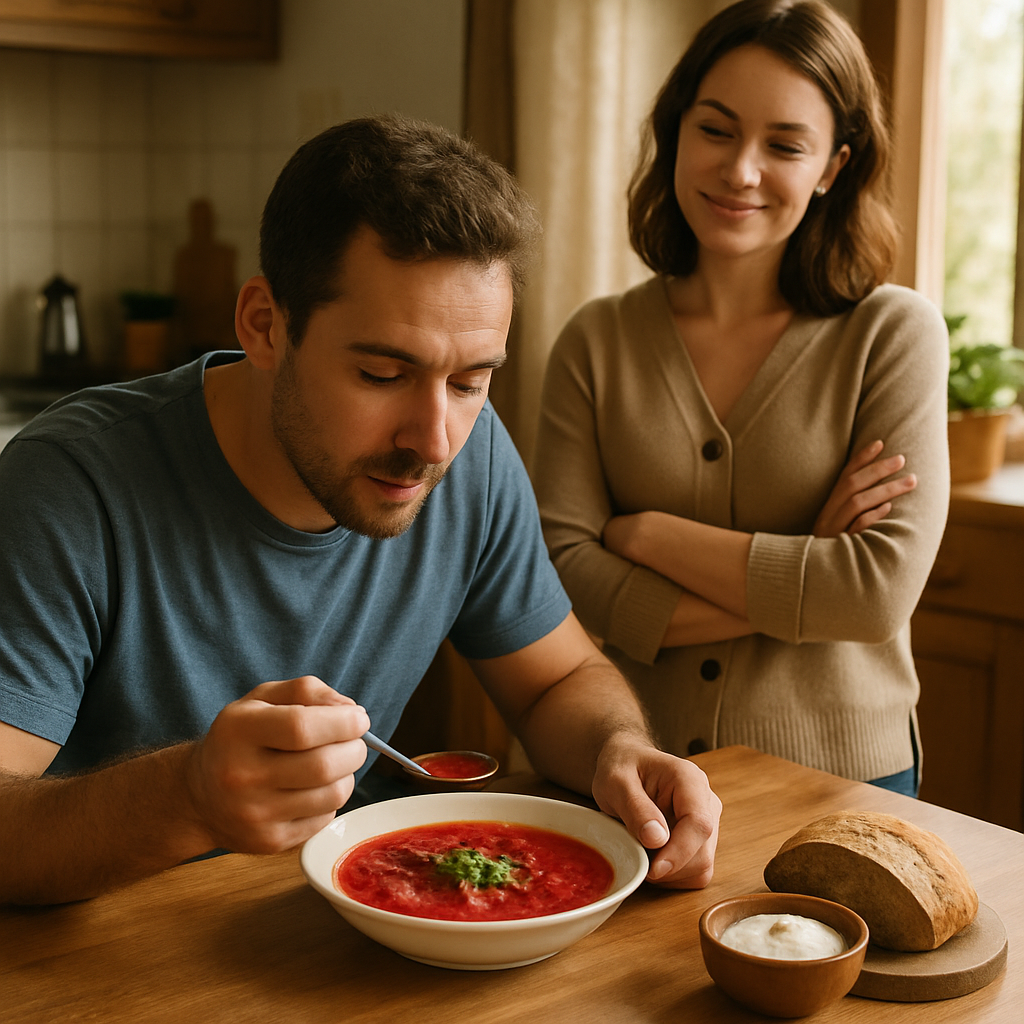 – Я б трієчку з натяжкою поставив тобі за цей гуляш, як ти його назвала! І що це в тебе за така подача? Мені потрібні серветки, срібні прилади, та скатертина