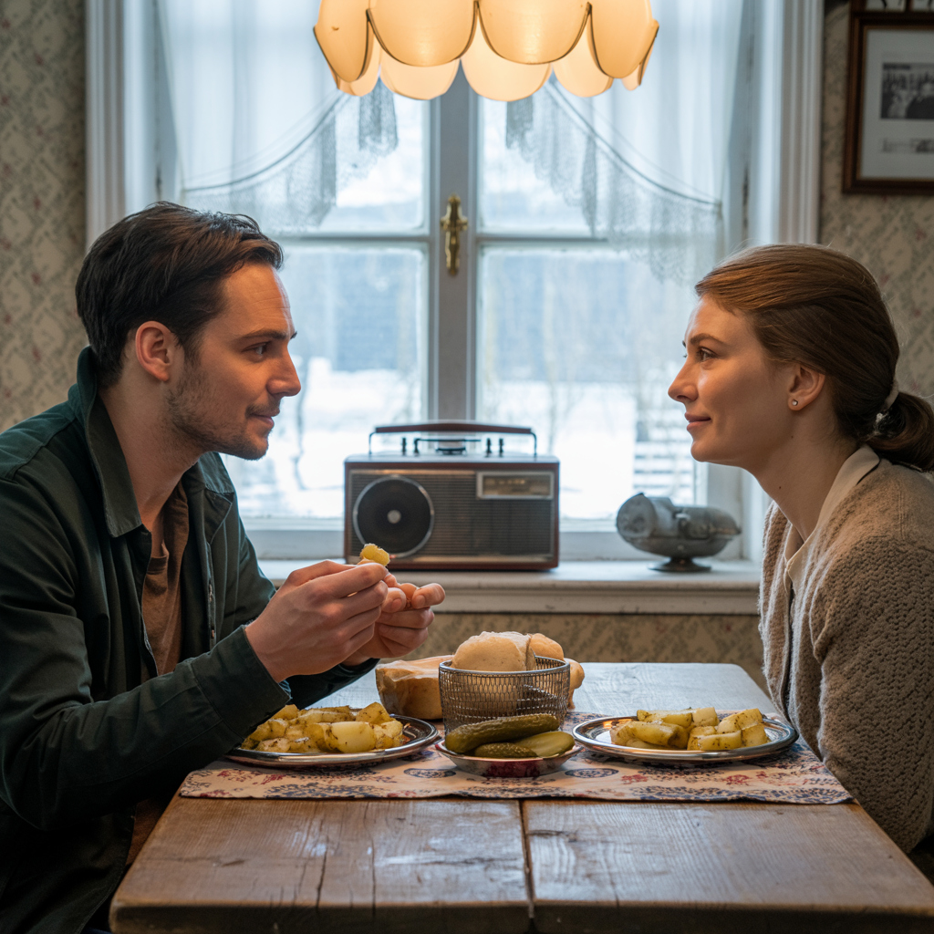 Чоловік прийшов з роботи. Зайшов на кухню і сів за стіл. Дружина поставила на стіл сковорідку зі смаженою картоплею, поруч сало і солоні огірки.