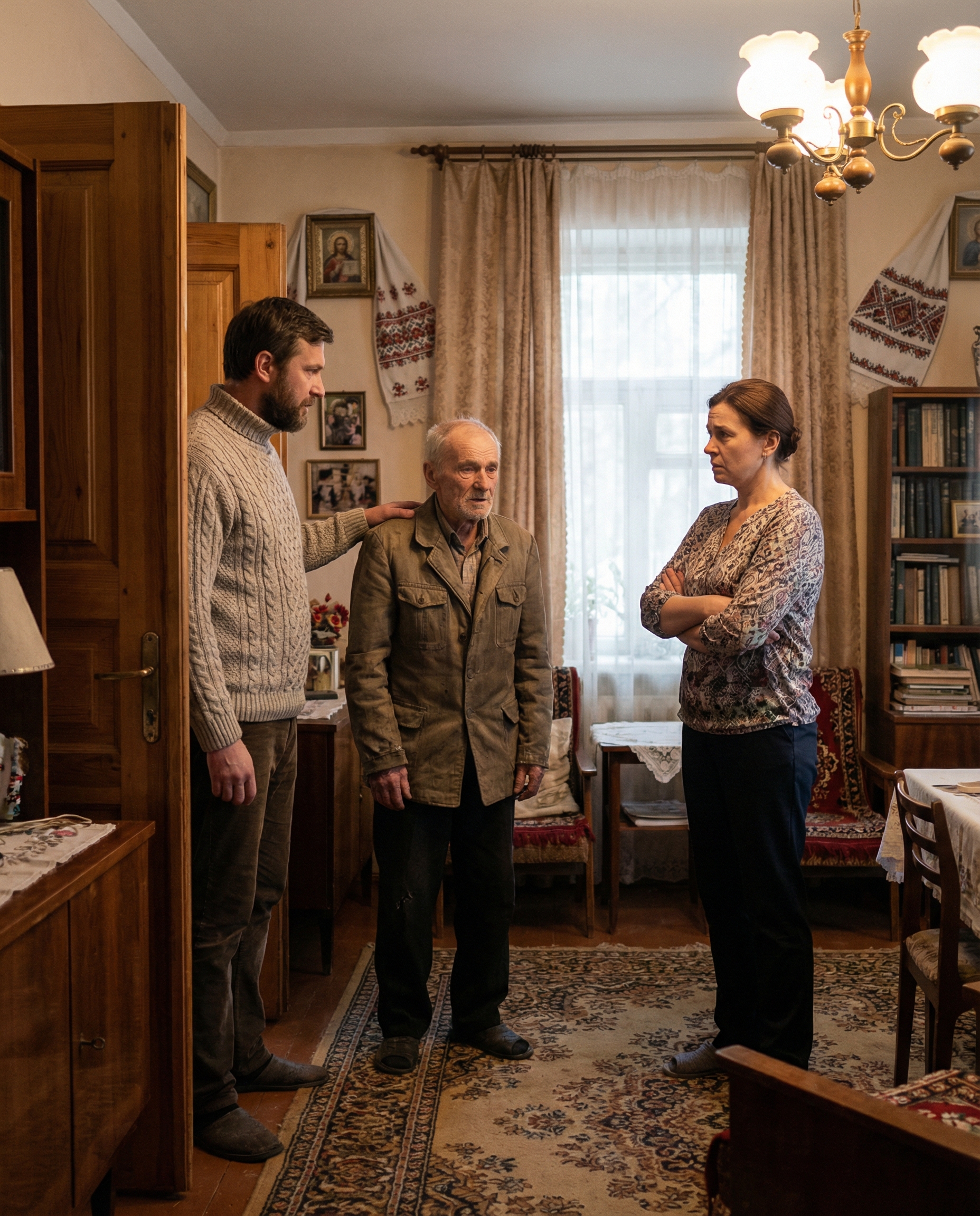 Віктор з’їздив до батька і забрав його до себе, зовсім поганий став дідусь. – Наталю, батько трохи в нас поживе, – сказав чоловік дружині, коли повернувся. – Ну якщо вже привіз, то що тепер зробиш. Хай живе, – ображено сказала дружина. Наталя посадила діда Дмитра на кухні, а сама пішла застелити диван та розкласти речі свекра. За хвилину вона покликала чоловіка до спальні дідуся і про щось гучно розповідала. Дід Дмитро підійшов ближче, прислухався і застиг на місці