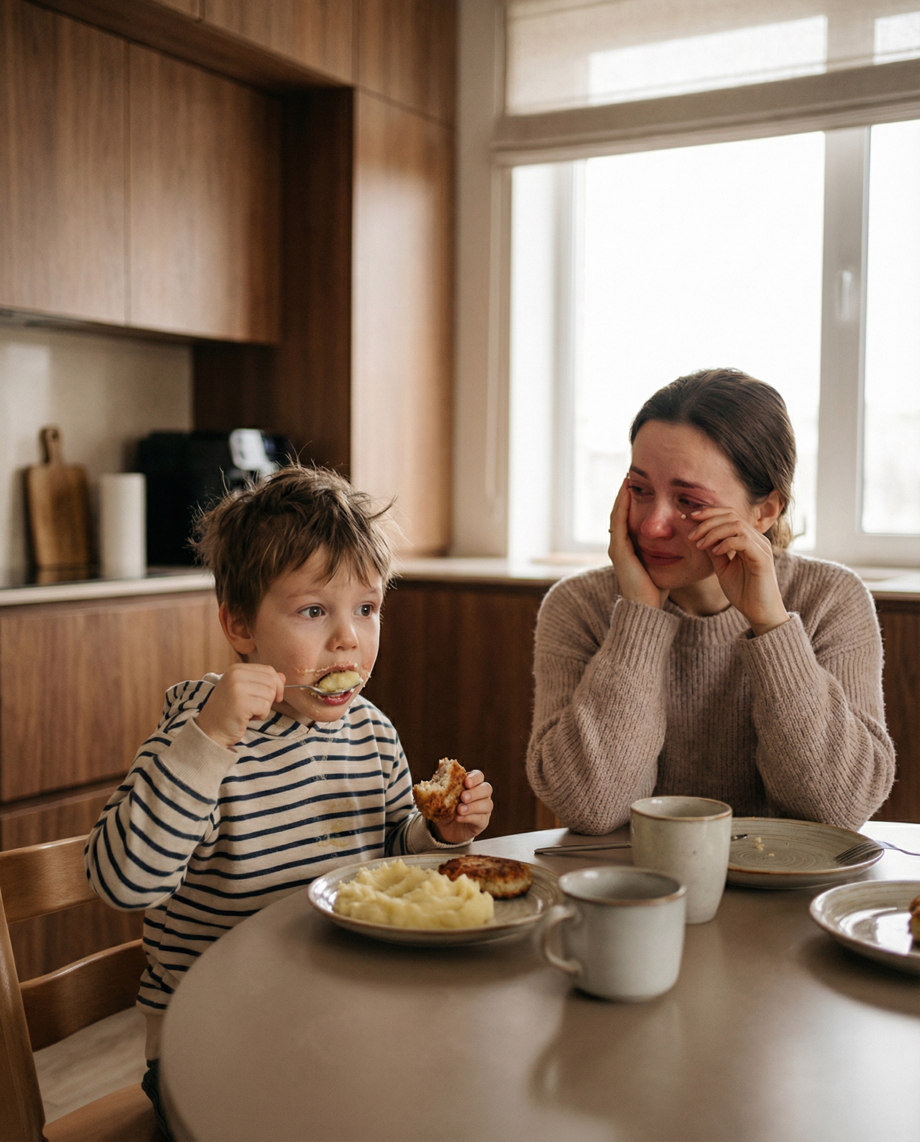 На Мишка чекала картопля пюре і котлета. Дитина жадібно накинулася на їжу, а жінка дивилася на нього витирала сльози