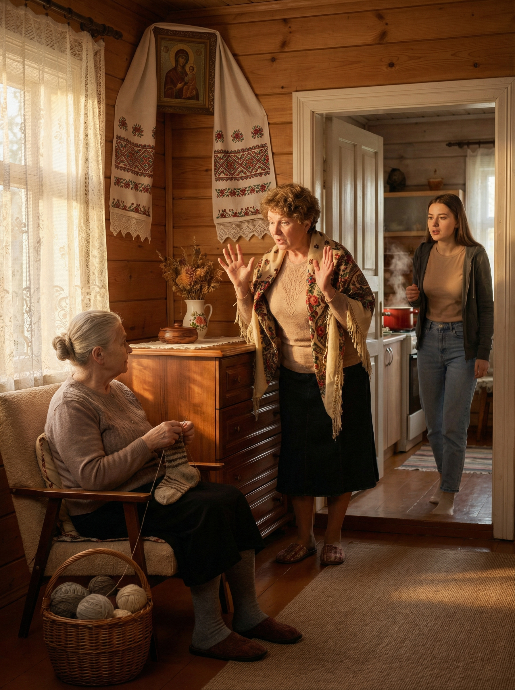 Віра сиділа на кріслі і вʼязала шкарпетки, коли в двері постукали. – Заходьте! – гукнула вона, уважно дивлячись на двері. Скрипнула дверна ручка і в хату зайшла сусідка Олена. – Здрастуй! – привіталась вона. – Ой, Віро, як не прийду, у тебе такий порядок, що аж завидки беруть! – Ти тільки подивися! – вона провела пальцем по комоду. – Ані порошинки! До речі, а чим це у тебе так пахне? – Борщем, – відповіла Віра намотуючи нитку на клубок. Раптом рипнули вхідні двері і в кімнату зайшла невістка Віри, Юля. Олена глянула на дівчину і руками сплеснула від здивування