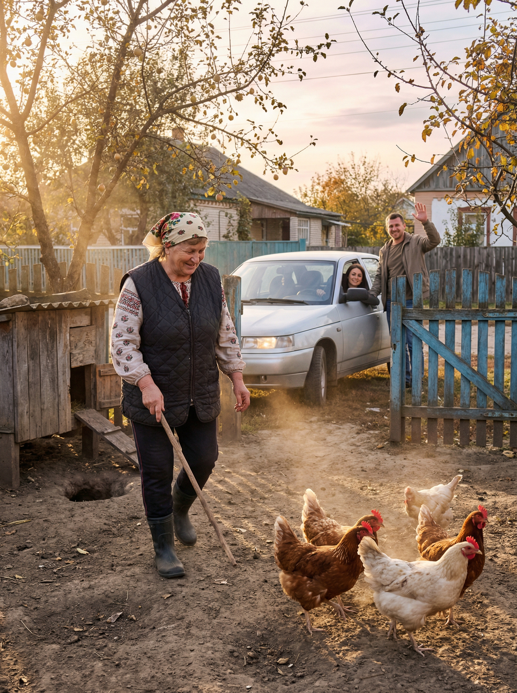 Марія Семенівна ганяла курей у дворі, що знову розкопали під курником лаз, як біля воріт зупинилася машина. Сигнал автівки весело привітався двічі й затих. Марія Семенівна підійшла до воріт ближче. “Ба. Юрко. На своєму автомобілі завітав. Катерина за кермом”