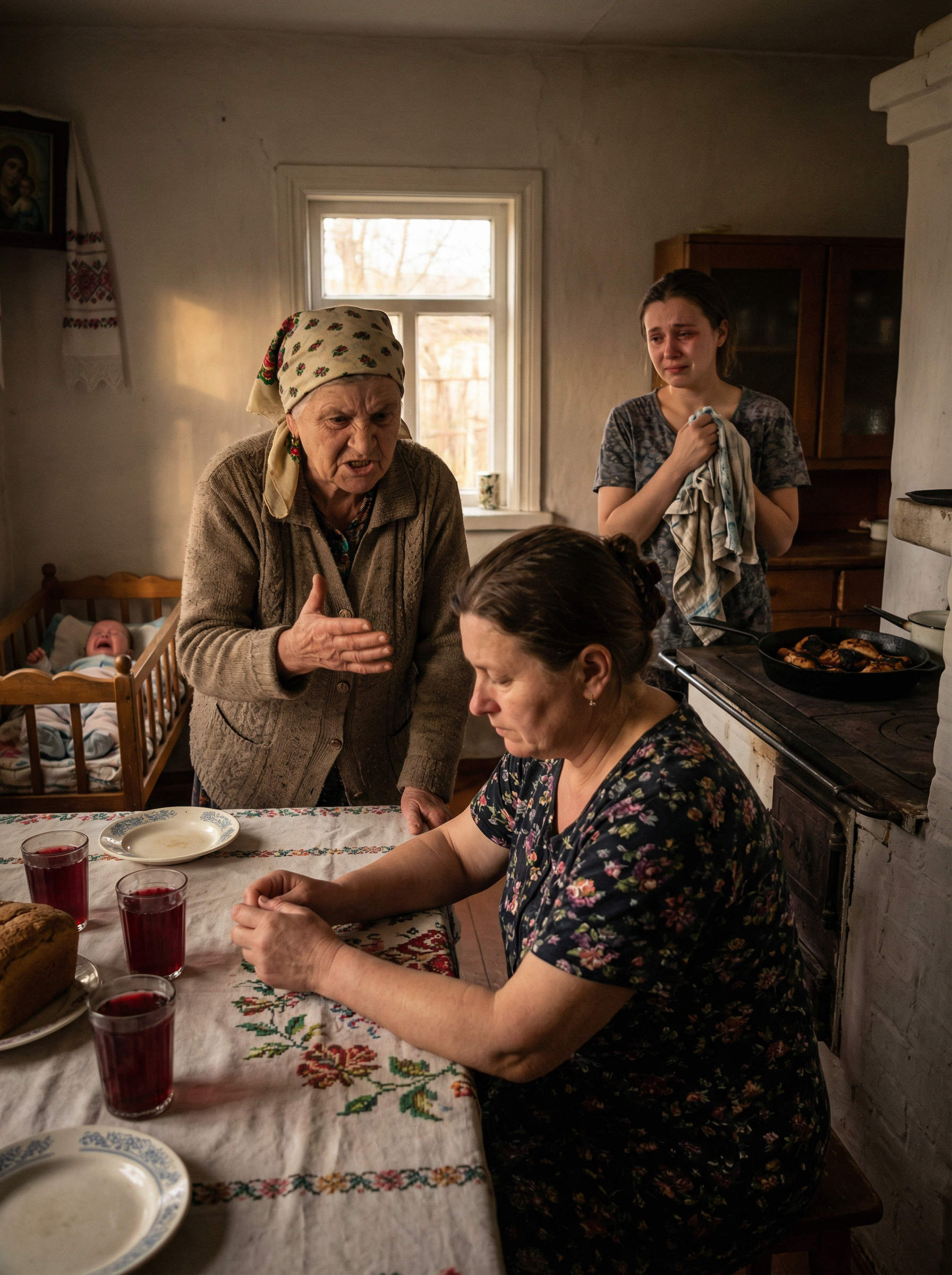 — Наша ж іменинниця — така господиня, що й годі! Курку спалила, дитину заспокоїти не може, стіл не накритий, — перераховувала свекруха, звертаючись до збентеженої свахи. — Двійку тобі ставлю за виховання доньки