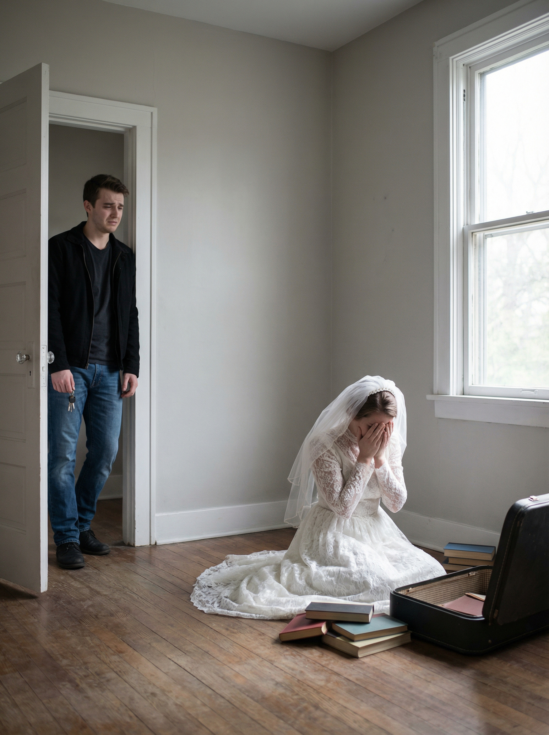 Катя сиділа на підлозі, розправляючи фату на колінах, коли Борис встав у дверях з ключами в руці.