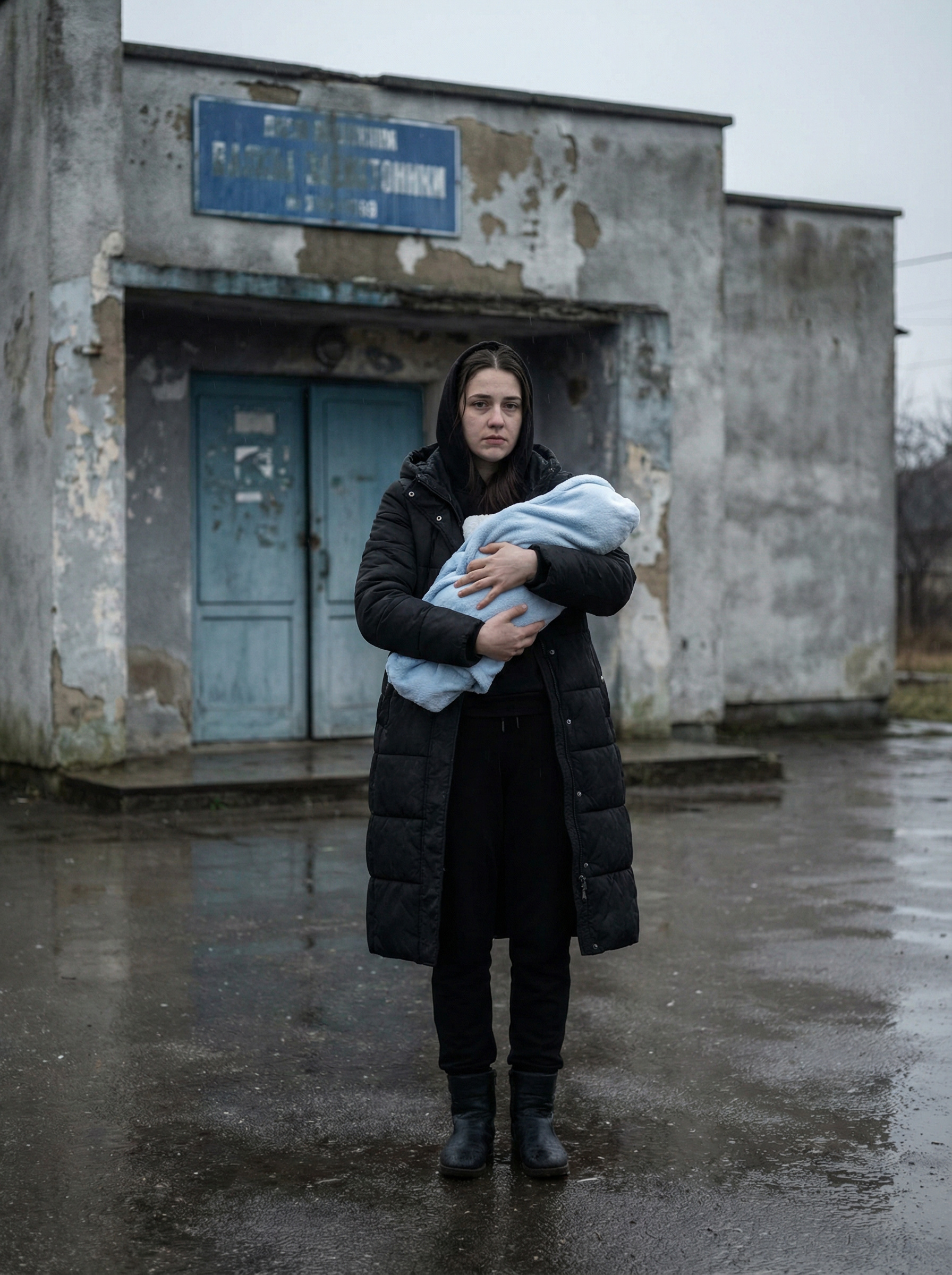 Анна стояла біля сірих, облущених дверей пологового будинку, немов висічена з каменю — нерухома, стиснута зсередини тяжкістю самотності.