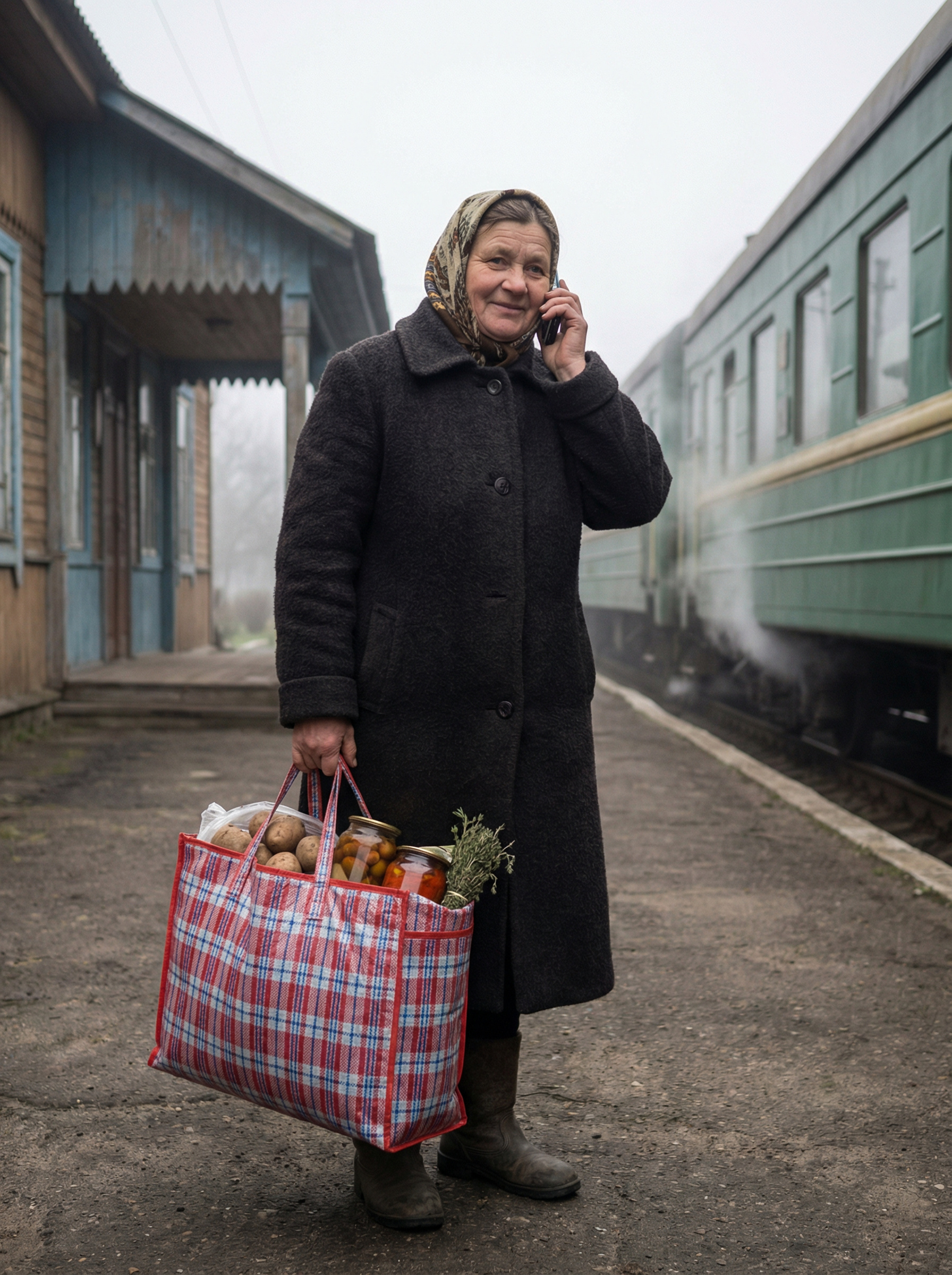 Ганна набрала у велику клітчасту сумку картоплі,  та інших сільських гостинців. Жінка поїхала до дочки та зятя у гості. – Оленко, я вже в поїзді. Нехай Василь мене зустріне на вокзалі, бо в мене сумка важка, – сказала вона доньці. – Добре мамо, зустрінемо, – відповіла Олена. Наступного ранку Ганна вийшла з поїзда. – Мамо, ми тут! – почула вона, як гукає її Олена. Ганна обернулася, і помітила, що донька приїхала з якимось чоловіком, не схожим на її зятя. Жінка придивилася до незнайомця, і застигла від здивування