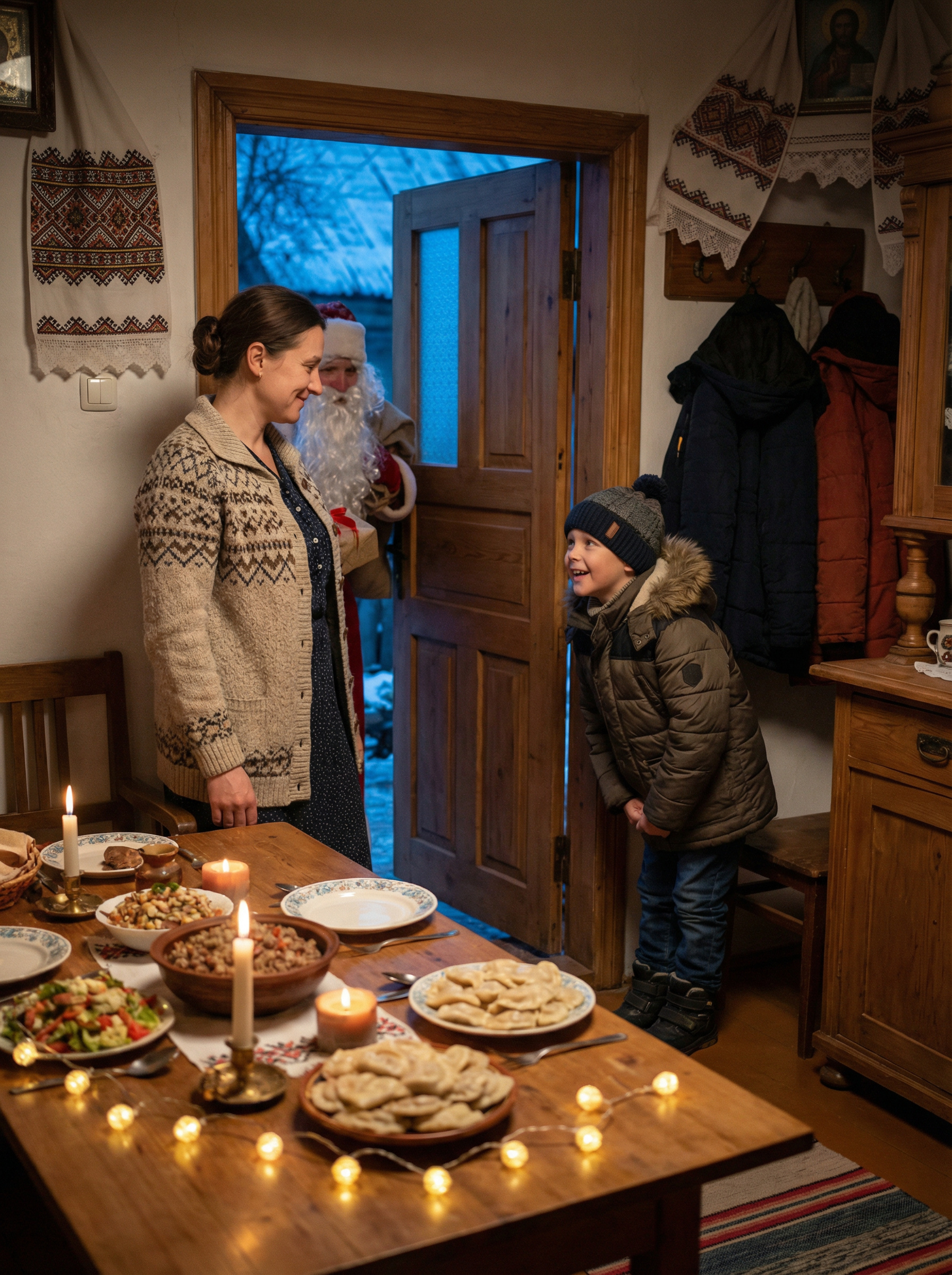 На святковому новорічному столі було безліч страв. Залишилося тільки занести з балкона креманки з фруктовим желе (улюбленими ласощами сина). Із глибини коридору вона почула настирливий дзвінок у двері. Тут же почувся радісний голос Андрійка: — А хто там? — Дід Мороз. Хоче побачити хлопчика Андрійка, який давно мріє про спортивний велосипед
