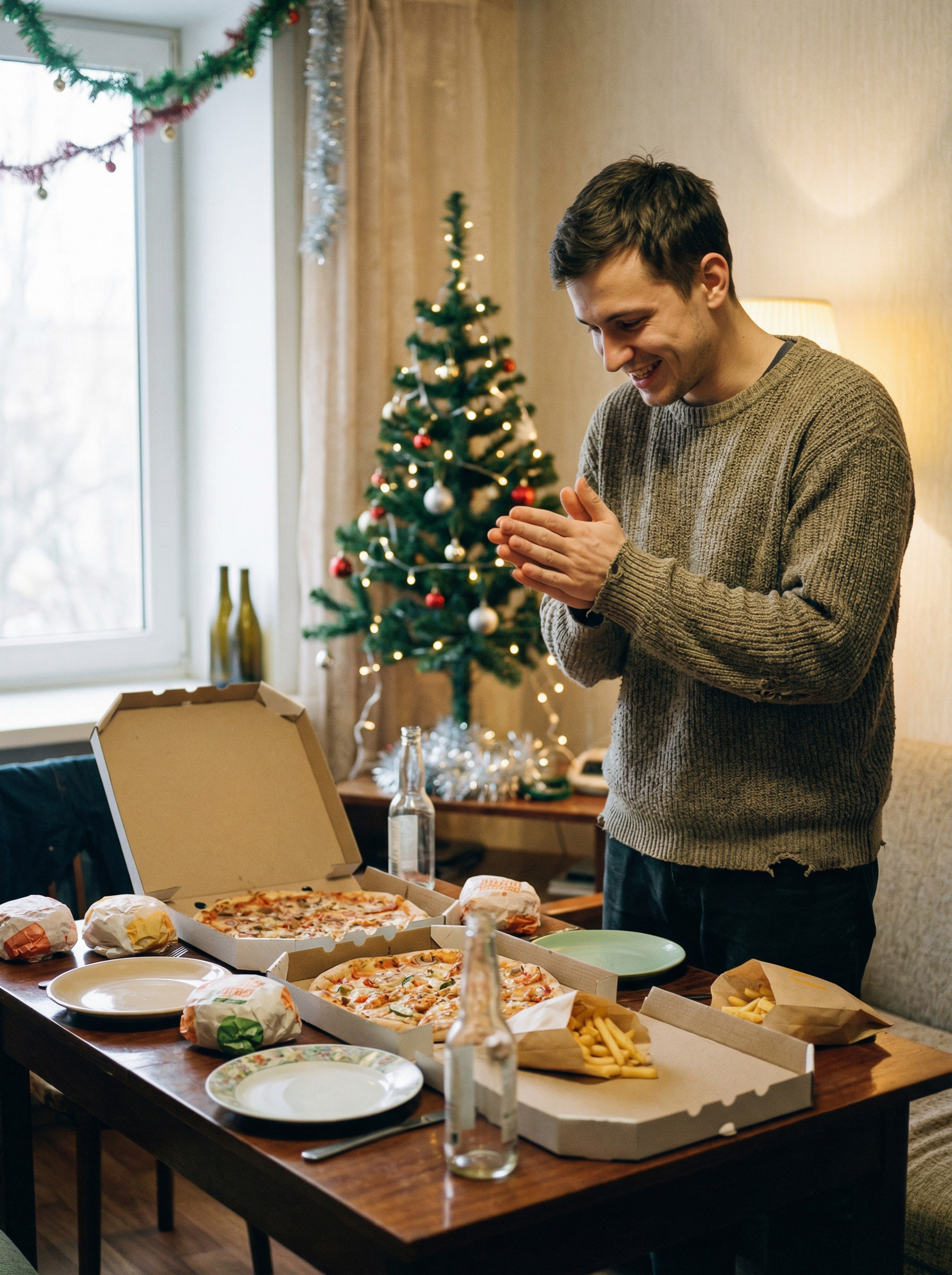 — Піца, бургери і картопля фрі на Новий рік – це як у студентські часи, – потирав руки Дмитро. — І я так вирішила, – радісно метушилася Марина. – Зробила попереднє замовлення, просто розставила все на столі й готово. Після відходу гостей мені залишиться викинути в сміття упаковку і пакети. Звіт щодо витрачених коштів готова надати будь-кому, хто цікавиться, чеки лежать на комоді