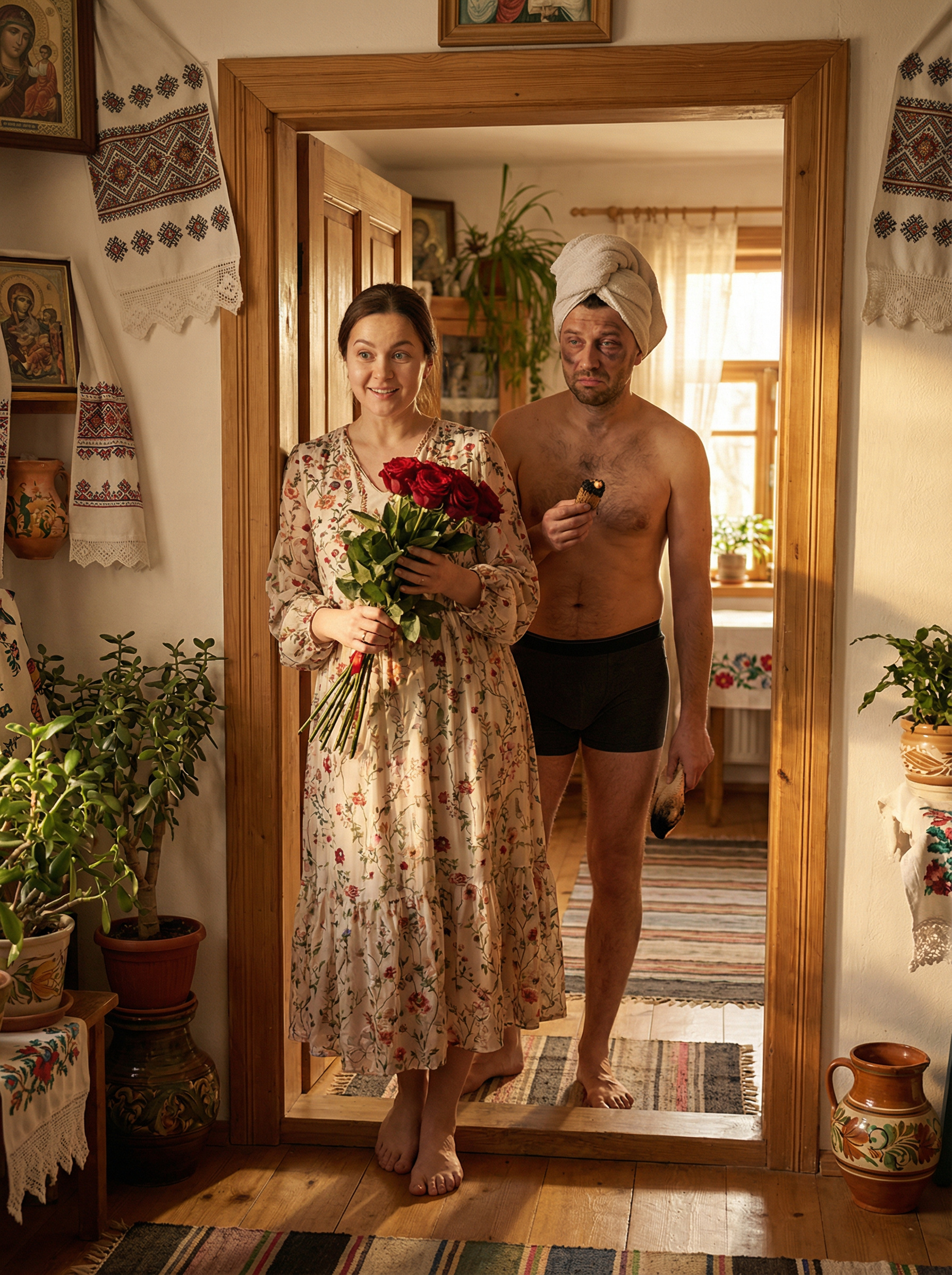 – Я хотів влаштувати тобі свято. Привітати якось незвично. Вирішив прибратися, випрати і приготувати святкову вечерю. Взяв відгул, завантажив пральну машину, сходив на ринок Тобто, спочатку сходив на ринок, купив телятину, а вона потекла