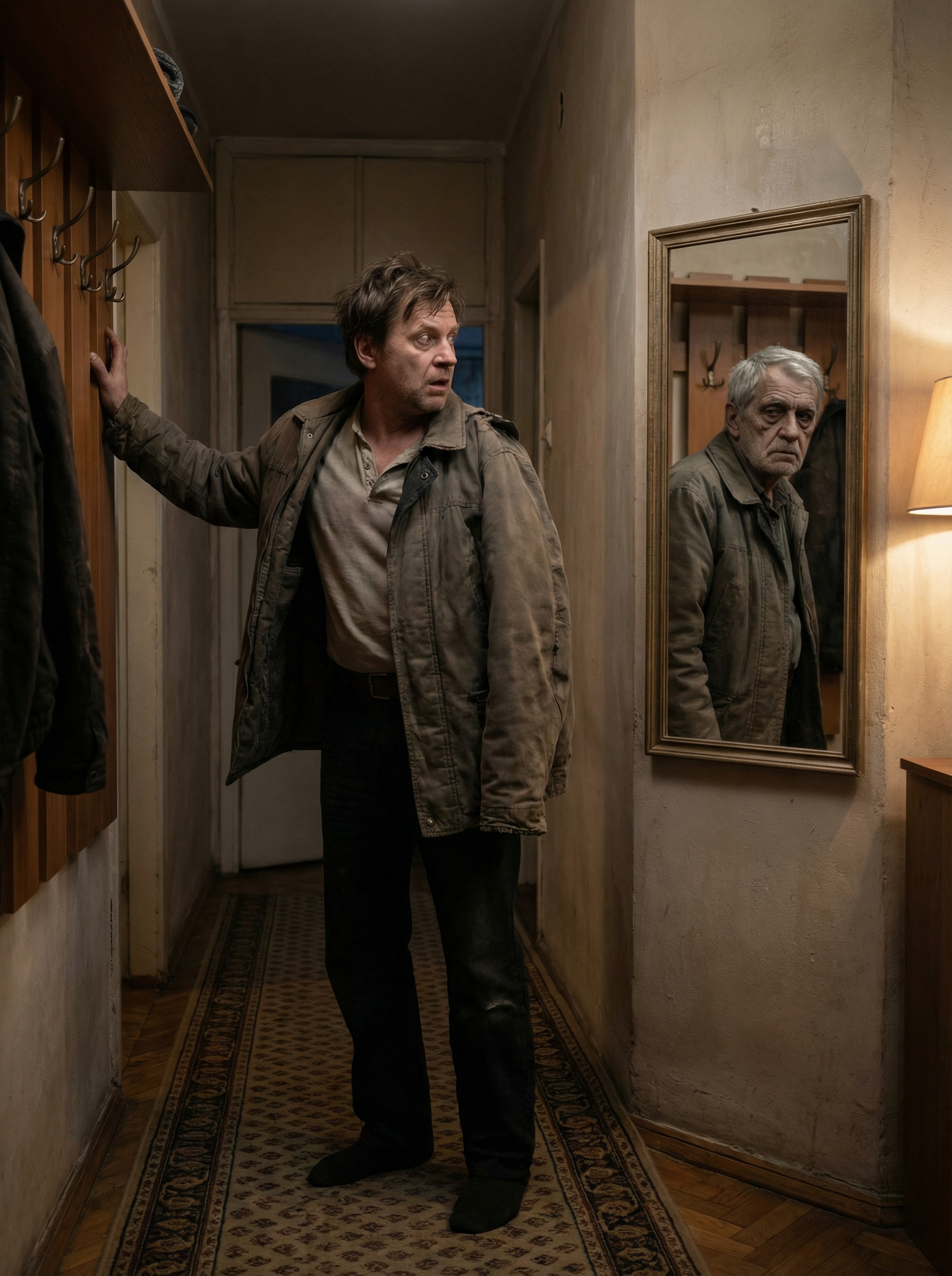 Григорій подивився вниз, на своє взуття, і відповів: — Так. Ходжу ще погано, звикаю. — Приїжджай скоріше, Гришо, удома і стіни лікують, ми тебе чекаємо. — Так, щойно випишуть, зателефоную. Григорій кинув телефон на табуретку поруч і закивав головою: — Бачу, як сумуєте, як чекаєте. Григорій зняв куртку і повісив її на вішалку. У дзеркалі передпокою на нього подивився зовсім сивий старий. Гриша навіть злякався. Немов хтось чужий стояв навпроти