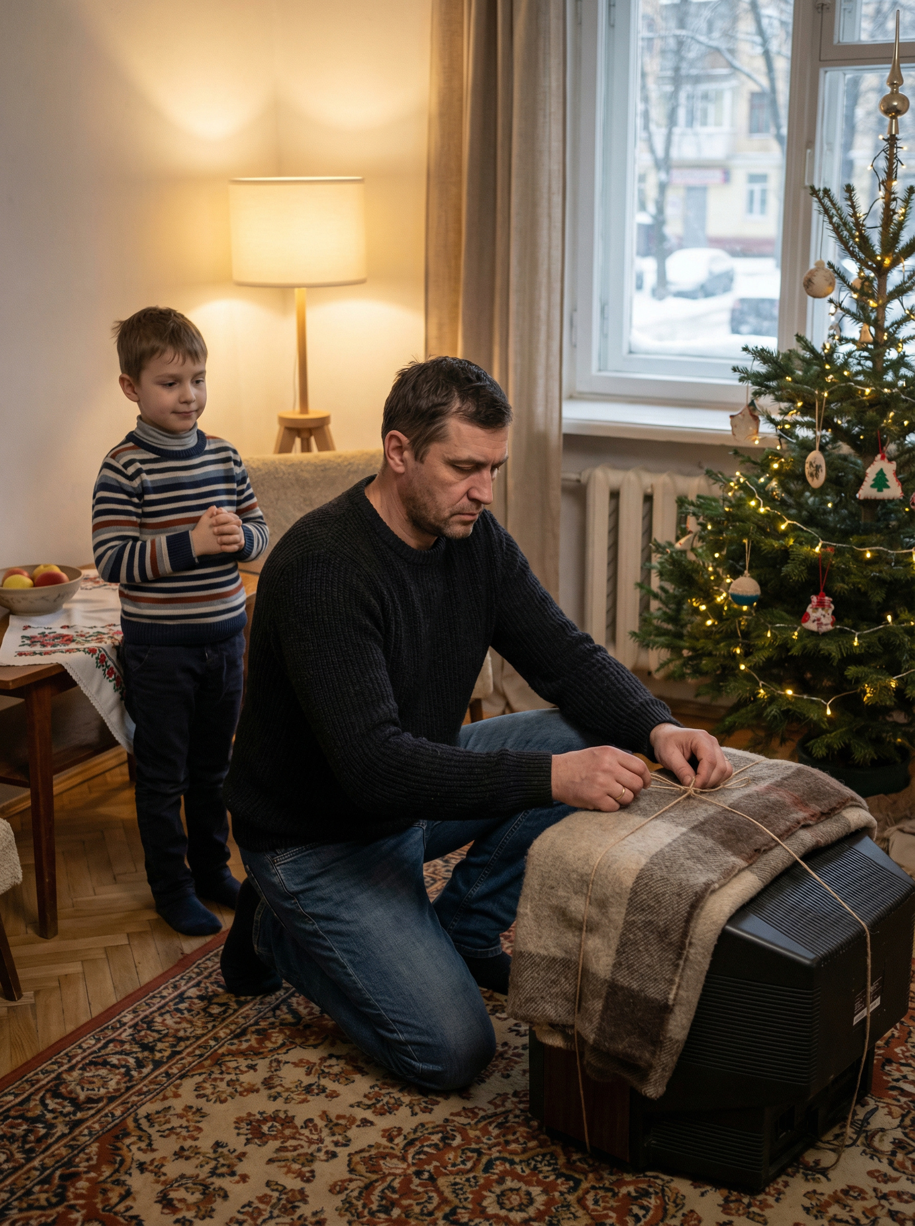 — Тату, а як же Новий рік без телевізора – несміливо запитав син, але батько не почув, або зробив вигляд, що не чує. Він діловито зібрав свої речі, і по-старому замотав телевізор покривалом, стягнувши його з ліжка. Дружина дивилася невидячими очима слідом, а син розгублено смикав рукав її халата: — Мамо, а як же Новий рік, і канікули без телевізора