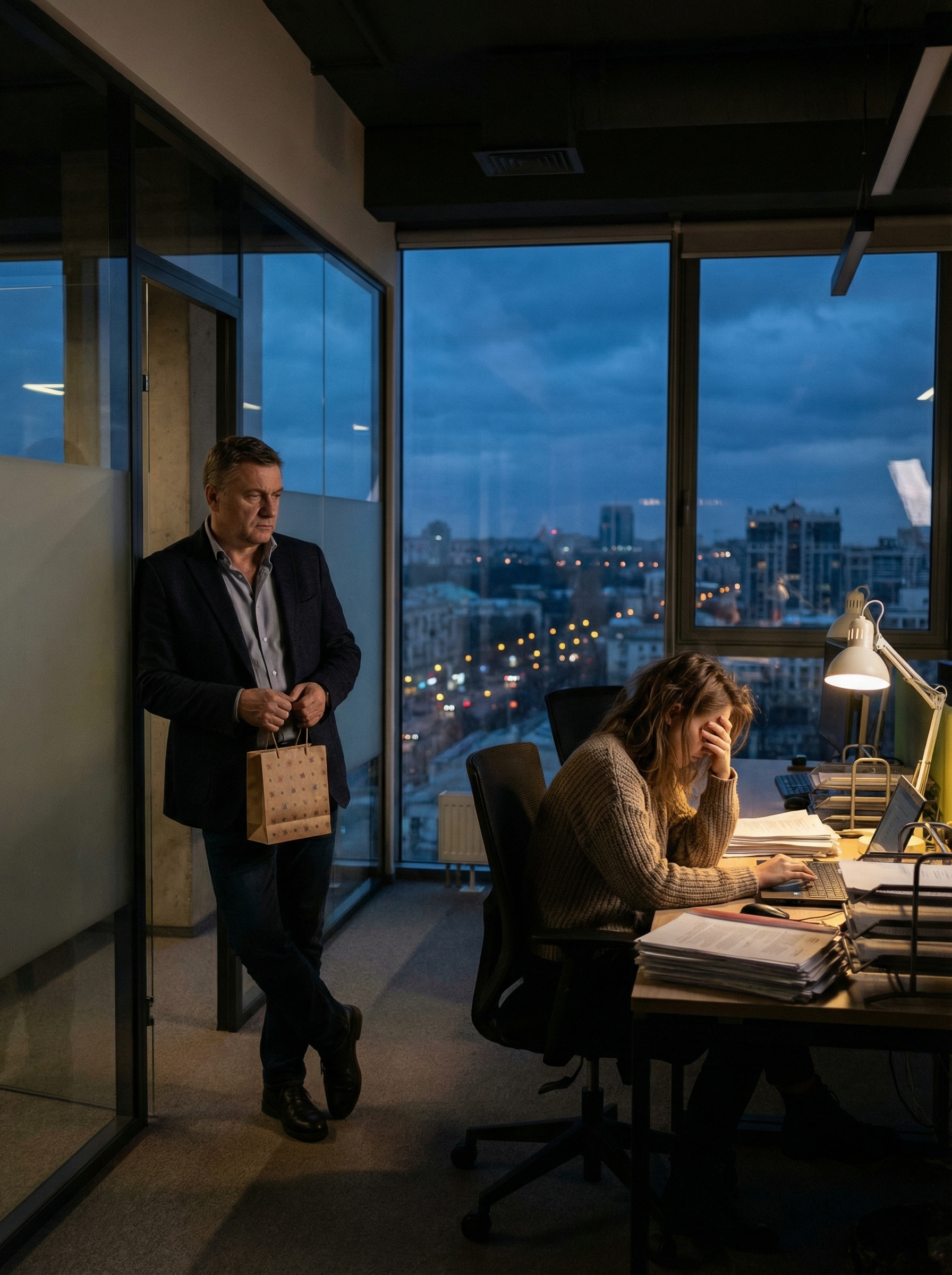 – О, а ти чого це тут одна? А я для дружини подарунок забув, уявляєш? – випалив він і зник у своєму кабінеті. Хвилин через п’ять з’явився знову. — Ти чого одна, питаю? Додому чого не йдеш? — Так я і вдома одна, Микола Ілліч. Бос, який збирався ось-ось бігти до дружини, раптом завмер на порозі, потім підійшов до Оліного столу і сів поруч. Кілька секунд дивився на неї дуже серйозно.