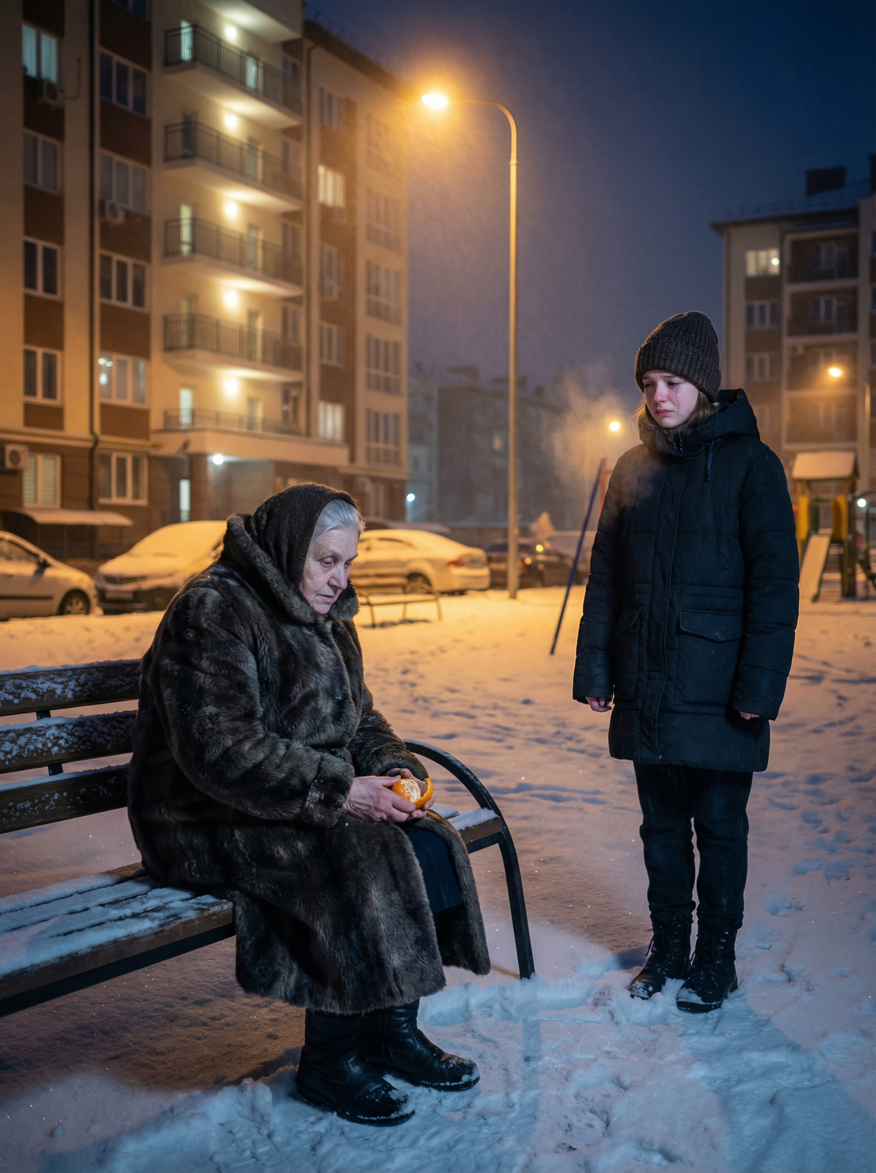 Варі було п’ятнадцять, і свята в останні роки здавалися їй якимись порожніми. У дворі пахло морозом і мандаринами. Десь нагорі гуркотіла музика, хтось реготав на балконі. А біля сусіднього під’їзду, на лавці під ліхтарем, сиділа старенька жінка в старомодній шубці. Сама. У її руках був мандарин — почищений наполовину. Варя зупинилася. Щось стиснулося всередині — гостра, майже фізична жалість. — Добрий вечір, — сказала вона, сама не розуміючи, навіщо підійшла. Старенька здригнулася, підняла очі — світлі, вицвілі, як на старій фотографії. — Добрий… — Ви тут… одна?