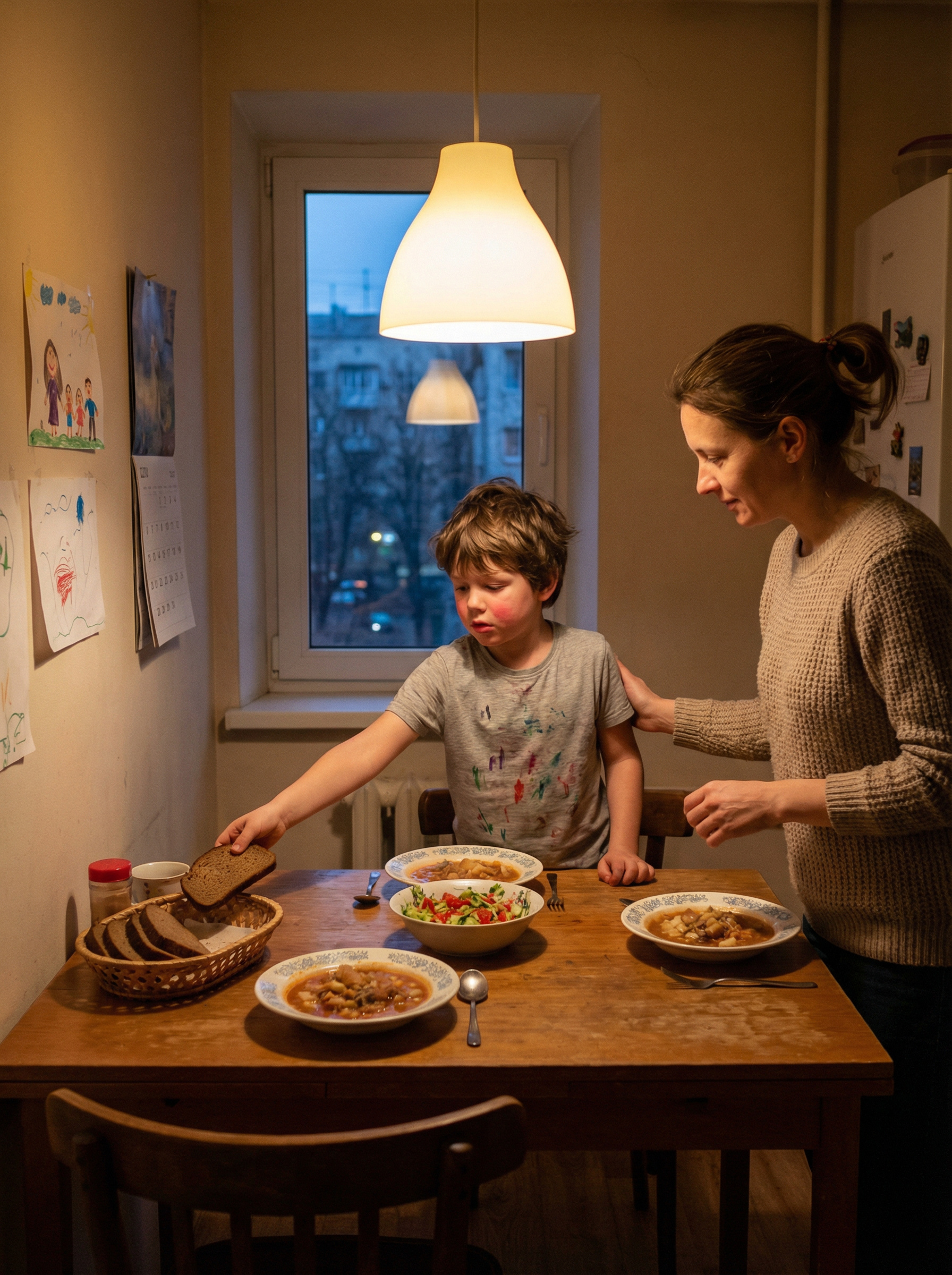— Максим, Сергій, вечеряти! — покликала Наталя сина та чоловіка. Хлопчик вибіг зі своєї кімнати розпатланий, у футболці, забрудненій фломастерами — мабуть, працював над шкільним проектом. Він швидко вмився і сів за стіл, потягнувшись до хліба. — Зачекай на тата, — м’яко зупинила його жінка.