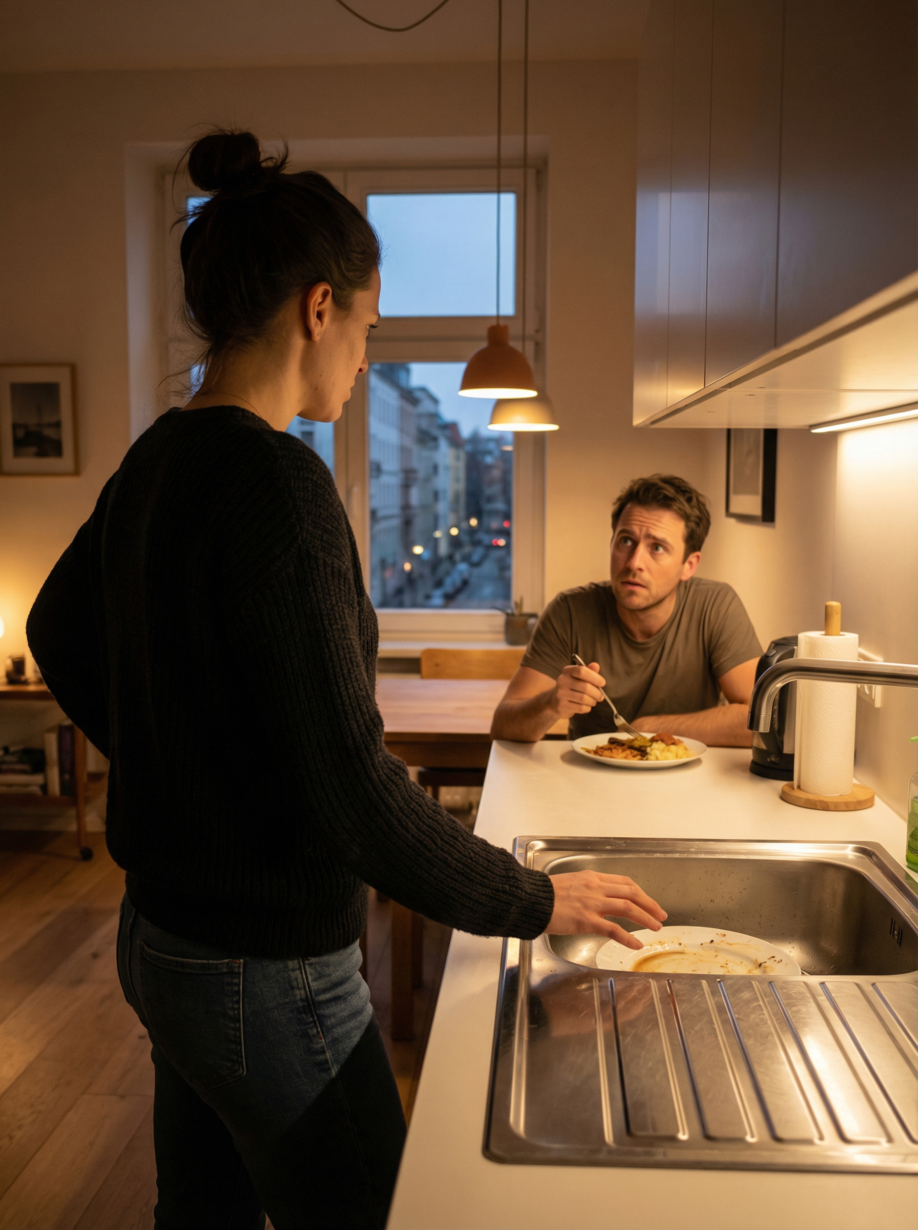 Слава здригнувся від різкого брязкоту об нержавійку і повільно підвів очі від своєї вечері. Він старанно робив вигляд, що не помічав наростаючої напруги останніх тижнів, але цей звук пробив його броню благодушного спокою. — Що знову не так? — запитав він, насилу відриваючись від апетитного шматка м’яса.