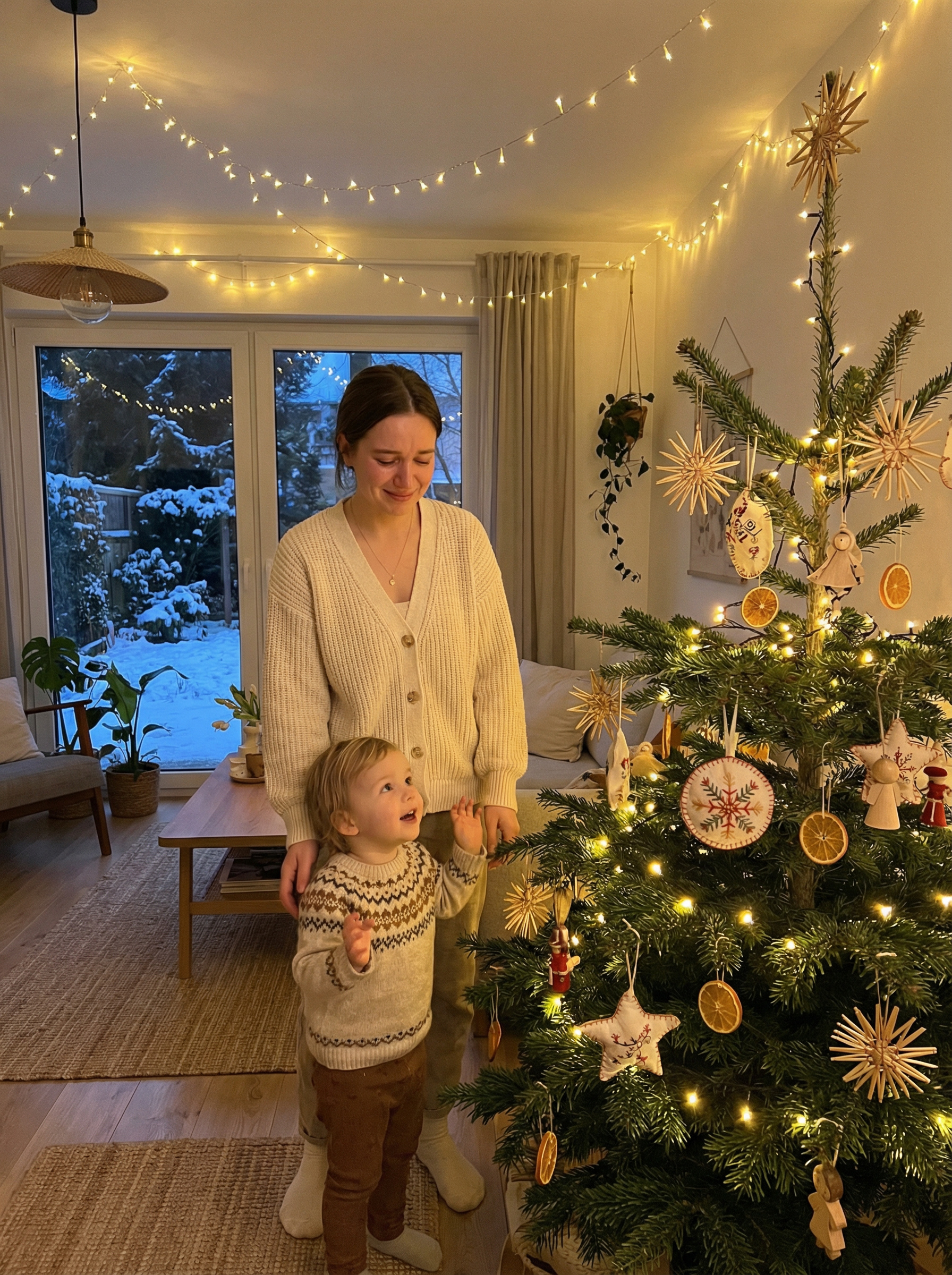 – Красиво я ялинку прикрасила? Мама, вона була така сумна, коли ми з тобою минулого разу велику ялинку прикрашали. А тепер, дивіться, як вона радіє