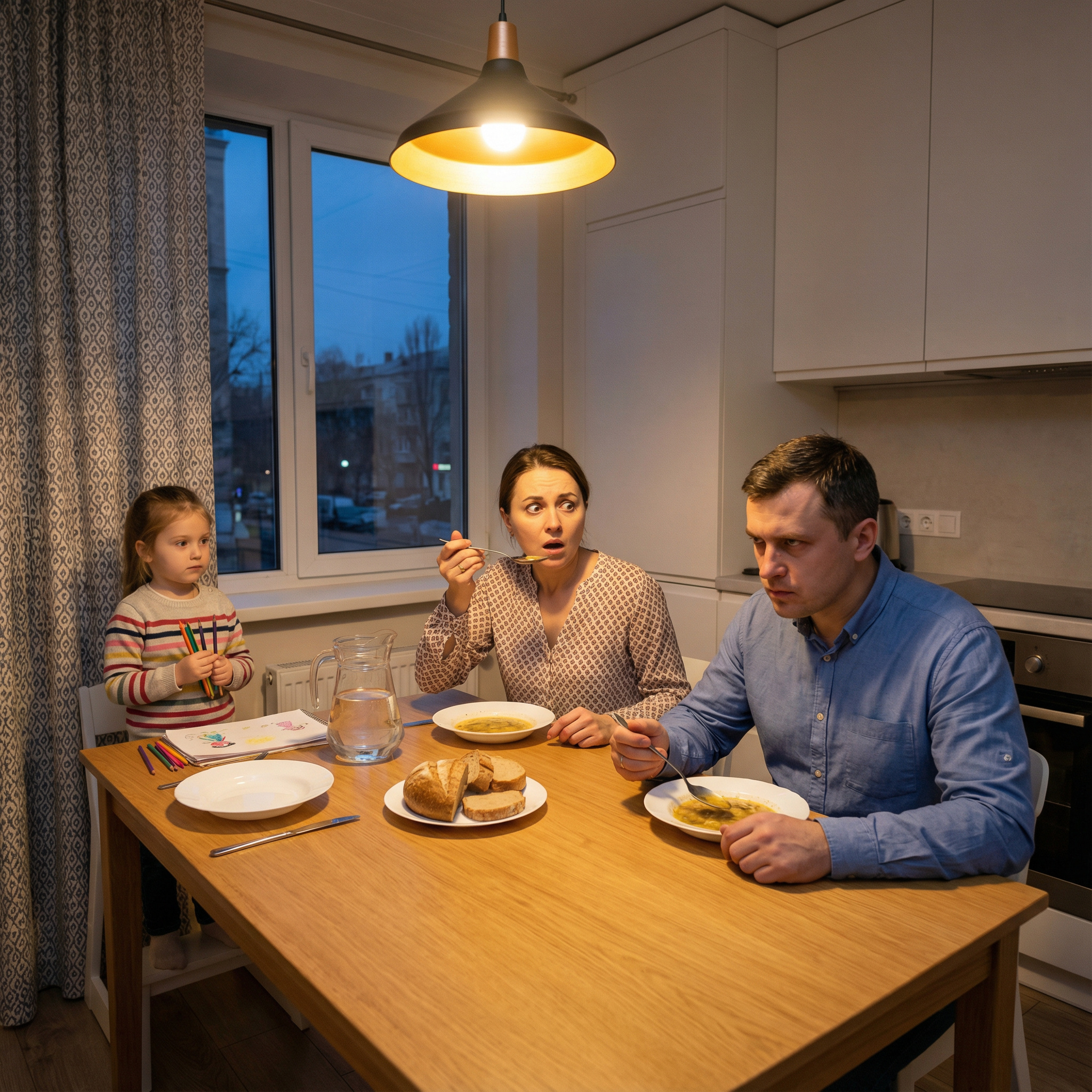 Того дня Олег повернувся з офісу раніше. Марина щойно прийшла з Поліною з прогулянки і порався на кухні, готуючи овочеве рагу. Олег, навіть не змінивши сорочку, сів за стіл і почав механічно їсти, доки донька намагалася привернути його увагу новими малюнками з садочка. Раптом Олег підвів голову і, дивлячись на дитину, запитав: — Полінко, а скажи-но татові, поки мене немає вдома, до мами приходять якісь сторонні дядьки? Марина мало не впустила ложку. Вона ззастигла, дивлячись на чоловіка з німим запитанням. — Ти це серйозно зараз? — її голос здригнувся. — Не заважай! — холодно сказав Олег. — Діти не вміють вигадувати. Вони кажуть те, що бачать. То як, доню? Приходять гості в костюмах? Дівчинка на мить замислилася, крутячи в руках олівець. — Так, приходять. Один дядько часто приходить. У нього такий синій одяг із великими ґудзиками. Марина відчула, як холодний піт проступає на чолі