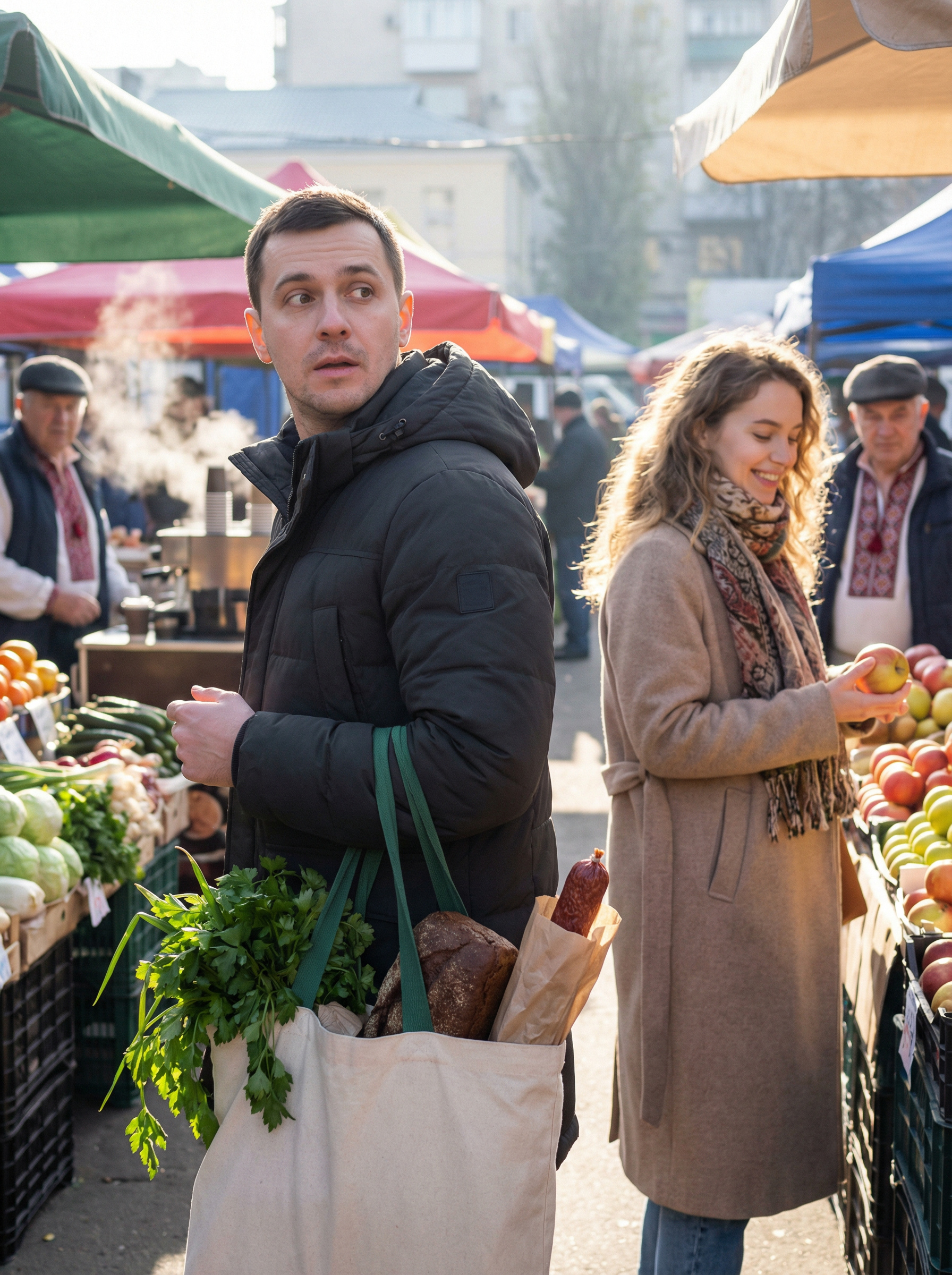 Сашко приїхав до батьків в гості. Він взяв у матері велику торбу і зібрався йти на базар купити продуктів. – Ще ковбаски купи домашньої! – гукнула йому вслід мати. – Там свіженька на ринку зажди! – Добре, мамо! – сказав він і вийшов на вулицю… Сашко уже майже все купив і вже збирався йти додому, як раптом його увагу привернула якась жінка. Він придивився до неї і так і застиг з торбою в руках. – Цього не може бути, – тільки й пробурмотів він