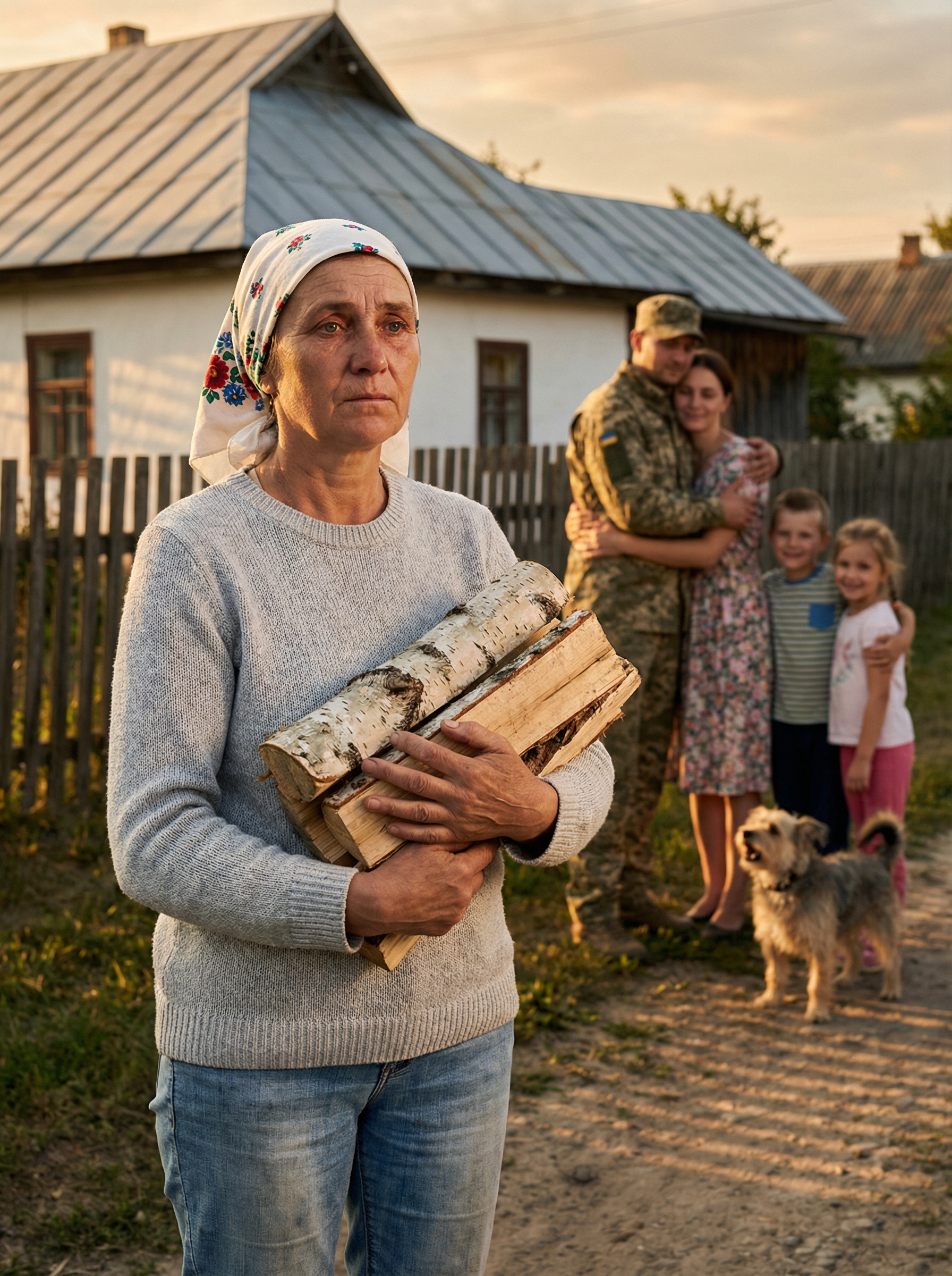 Тетяна завмерла у дворі з оберемком дров.