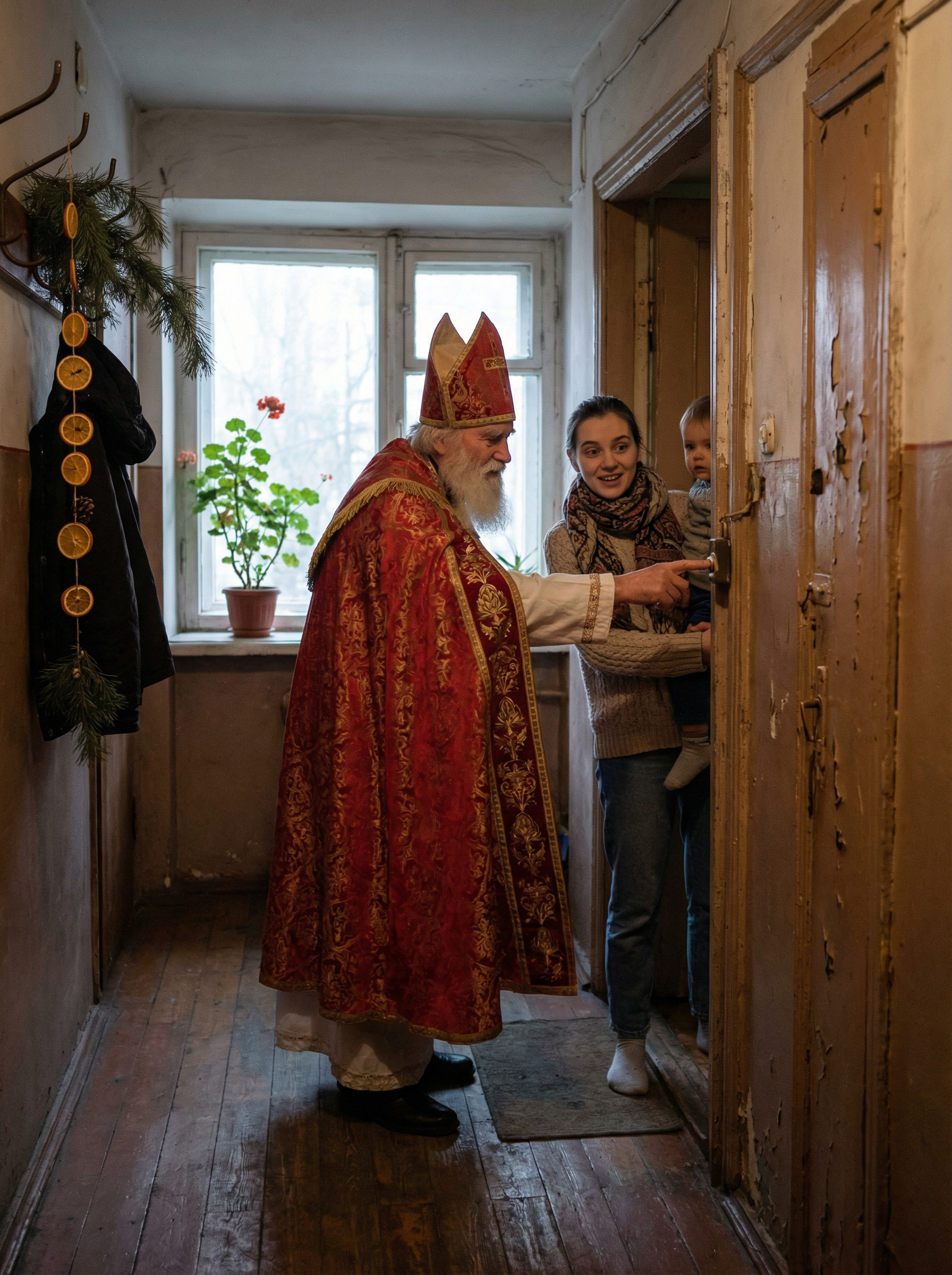 Віктор підпрацьовував на свята Миколаєм. Він підійшов до чергової квартири й натиснув кнопку дзвінка. На порозі зʼявилася гарна молода матуся. – Здрастуйте, – сказав Віктор. – Подарунок синові приготували? – Так, – кивнула жінка. – Проходьте… У коридорі вона дала йому коробку, мабуть, з машинкою. Миколай поважно зайшов у кімнату й побачив п’ятирічного хлопчика. – Ну, здрастуй, Сергійку! – сказав він. – Чи чекав ти на мене? Раптом Віктор помітив, що хлопчик дивиться зовсім не на нього, а у бік коридору. – А де ж те, що я просив для мами?! – запитав хлопець. Віктор розгублено застиг посеред кімнати