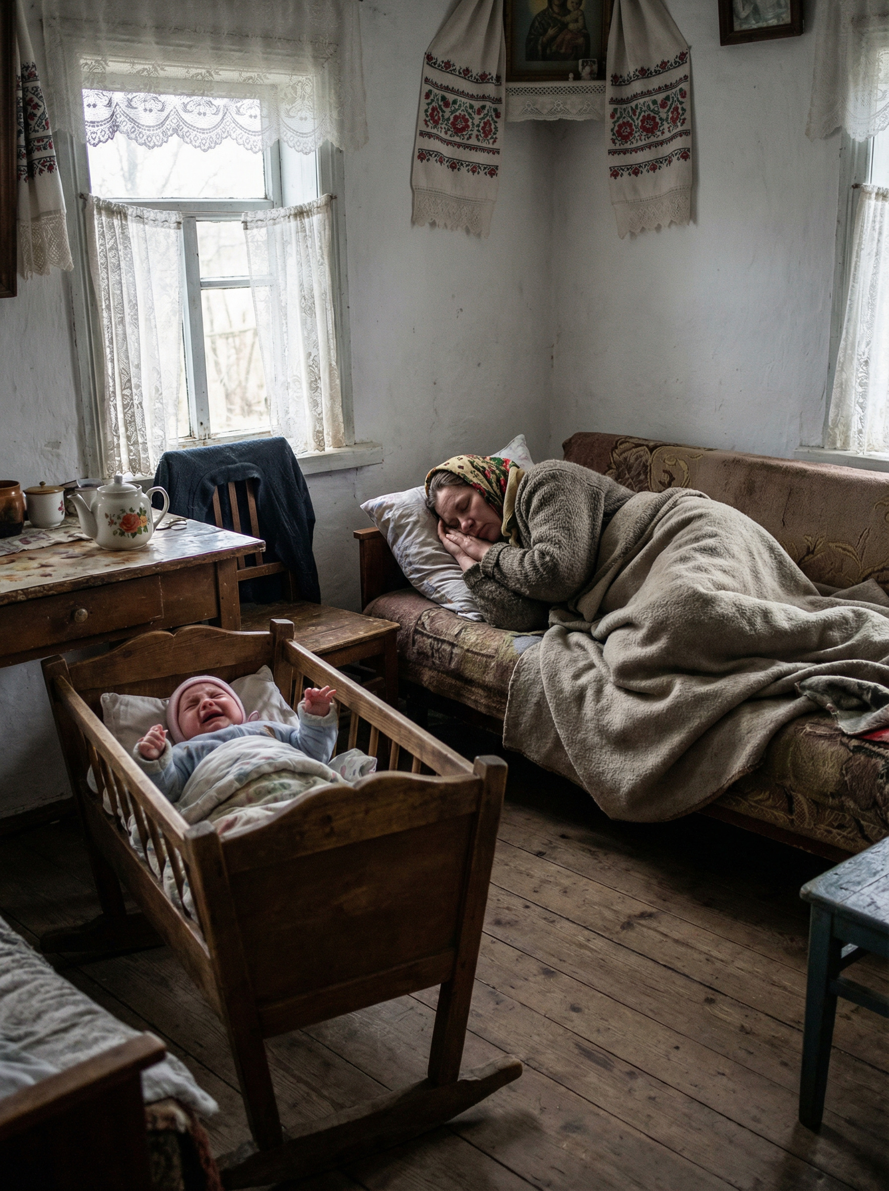 Хлопчисько в колисці криком заходиться, а ця спить… ах ти корівонька, спить вона на підлозі, посеред хати… А де ж Панас? Час-то вже, чи не трапилося б чого… – Катерино, Катько, чого мовчиш? – штовхнула, а вона застогнала, Боже милостивий, весь поділ темний