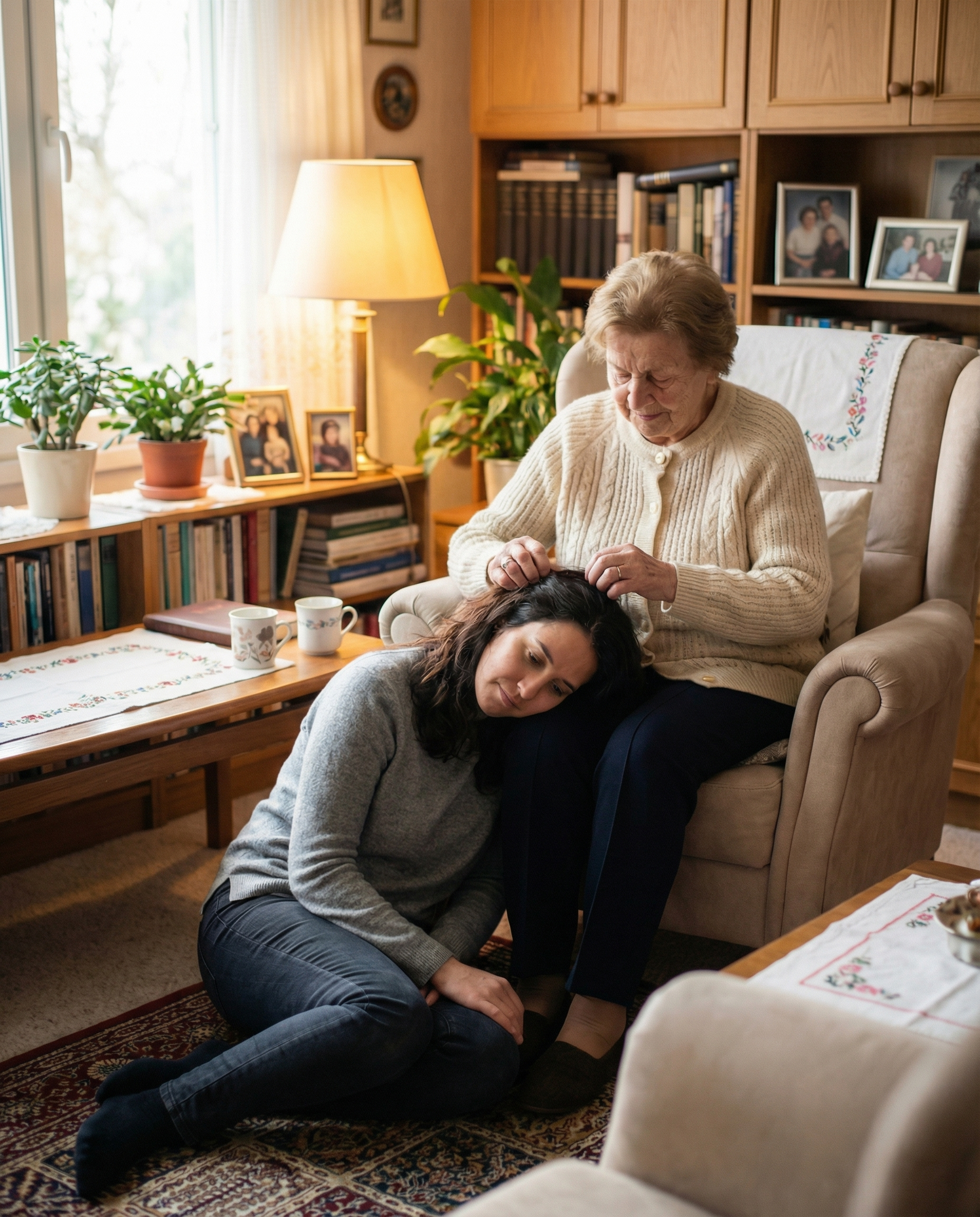 Сяде на підлогу біля ніг бабусі, голову на коліна покладе і скиглить тоненько, немов щеня безхатнє. Пальці старенькі волосся перебирають, по голівці гладять долоньки м’які. Тихенько шепоче над внученькою молитву Цариці Небесній, та заступництва для сироти просить. Посидять так із годинку, дивись, і відхлине зневіра, і знову жити хочеться