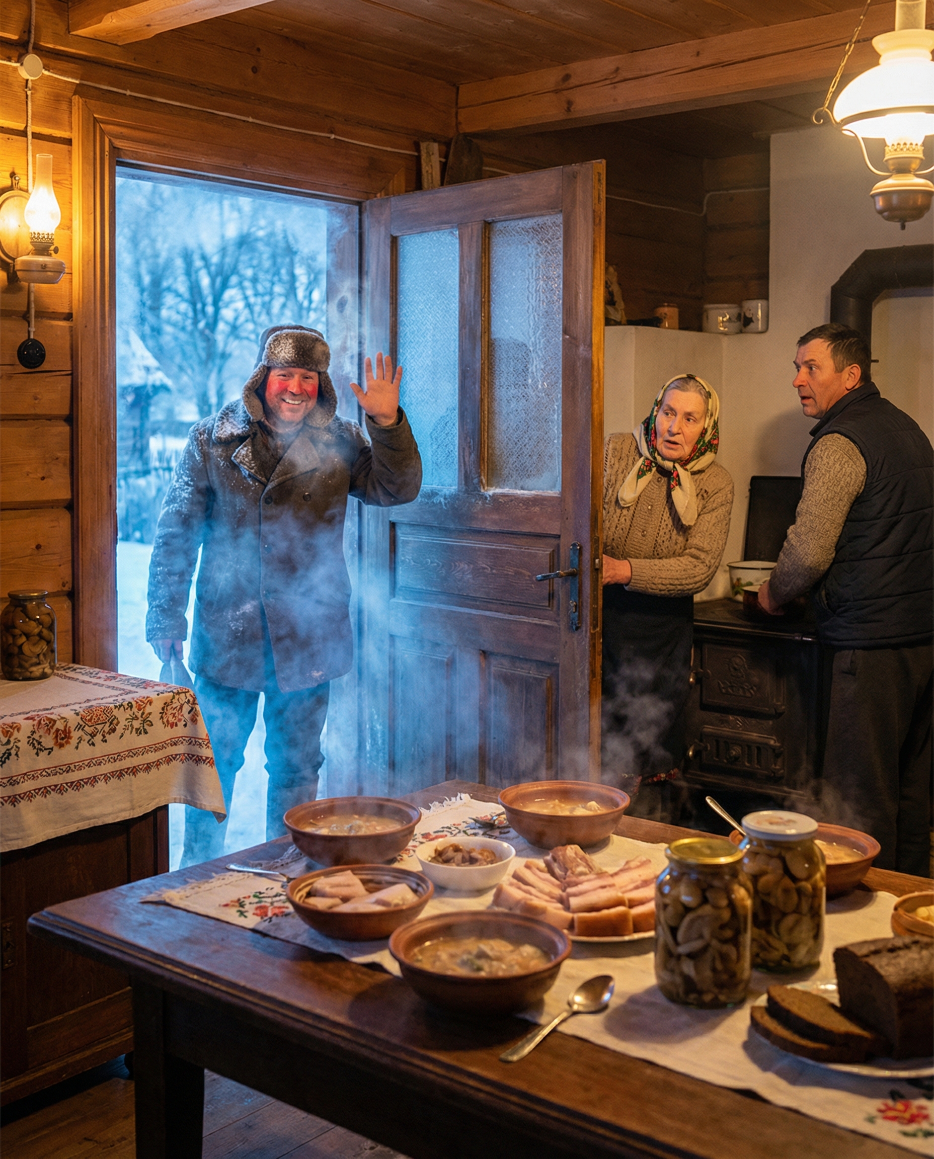 У селі не прийнято йти з порожніми руками, тож на столі з’явилося і домашнє сало, і ковбаска, і грибочки мариновані, і квашена капуста з журавлиною. Стіл просто вгинався від смакоти, ще й шашлик планували. І тут двері розчахнулися, впустивши до хати клуби морозу. — Добрий вечір, тітко Оксано і дядько Толю! — гукнув чоловік у кудлатій шапці