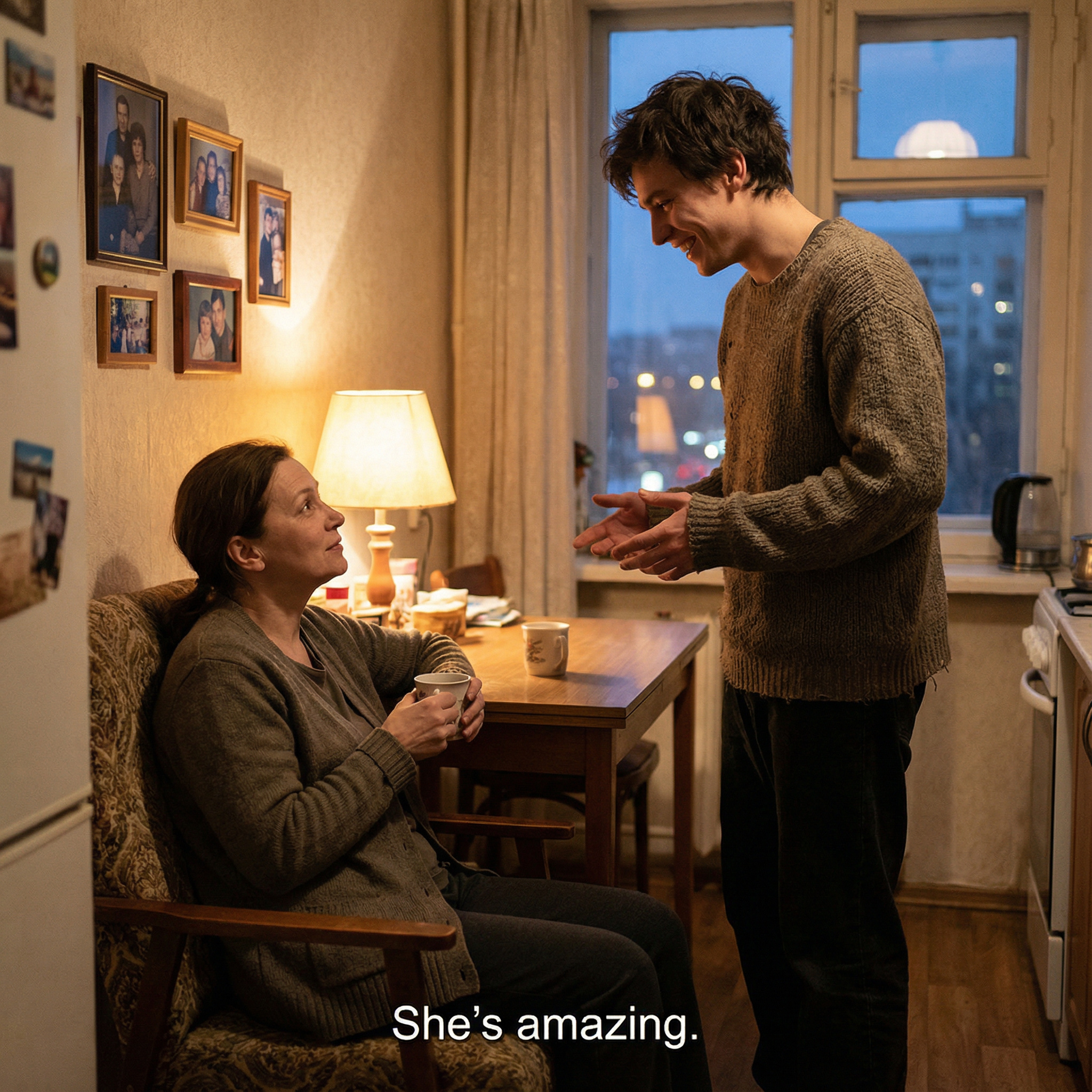 Та ні, мамо. Просто я втомився. Приходжу з роботи, готую, ходжу в магазин, перу, прасую собі сорочки. Я на роботі теж втомлююся. Хіба я не чоловік