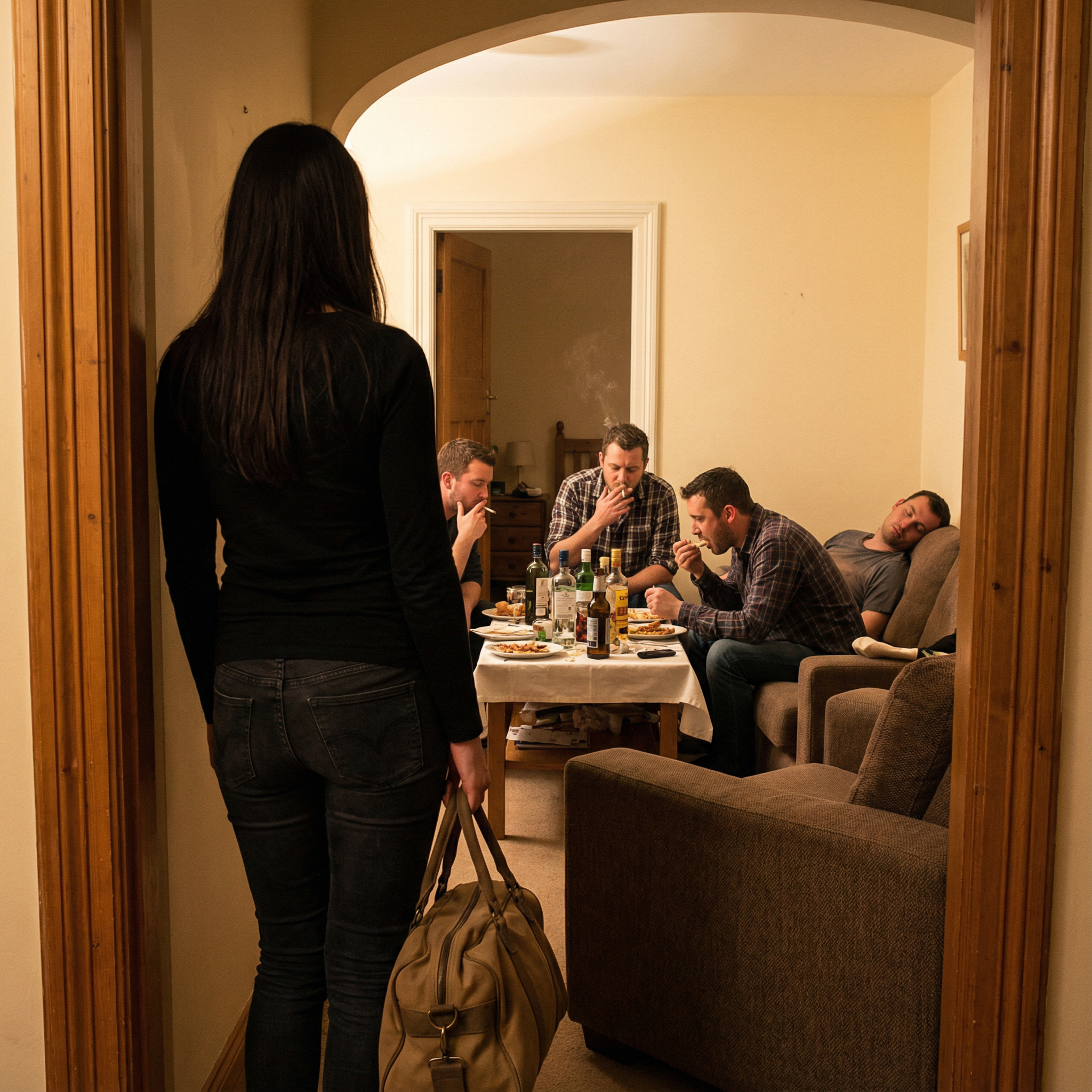 – Світлано, ти вже повернулася? Це добре, а тут у нас свято мами! – А чому в нас удома? Чому мені ніхто не сказав? – Тебе не було, мама так захотіла. – А подзвонити не можна, я була б проти. – Мама так і думала. – Чудово, щоб за десять хвилин тут нікого не було. Я втомилася, а ваше свято для мене зовсім не доречно! – Як я виставлю маминих гостей? – Як вони тут з’явилися, так нехай і їдуть. Усі! І мама також. А ти наводь порядок