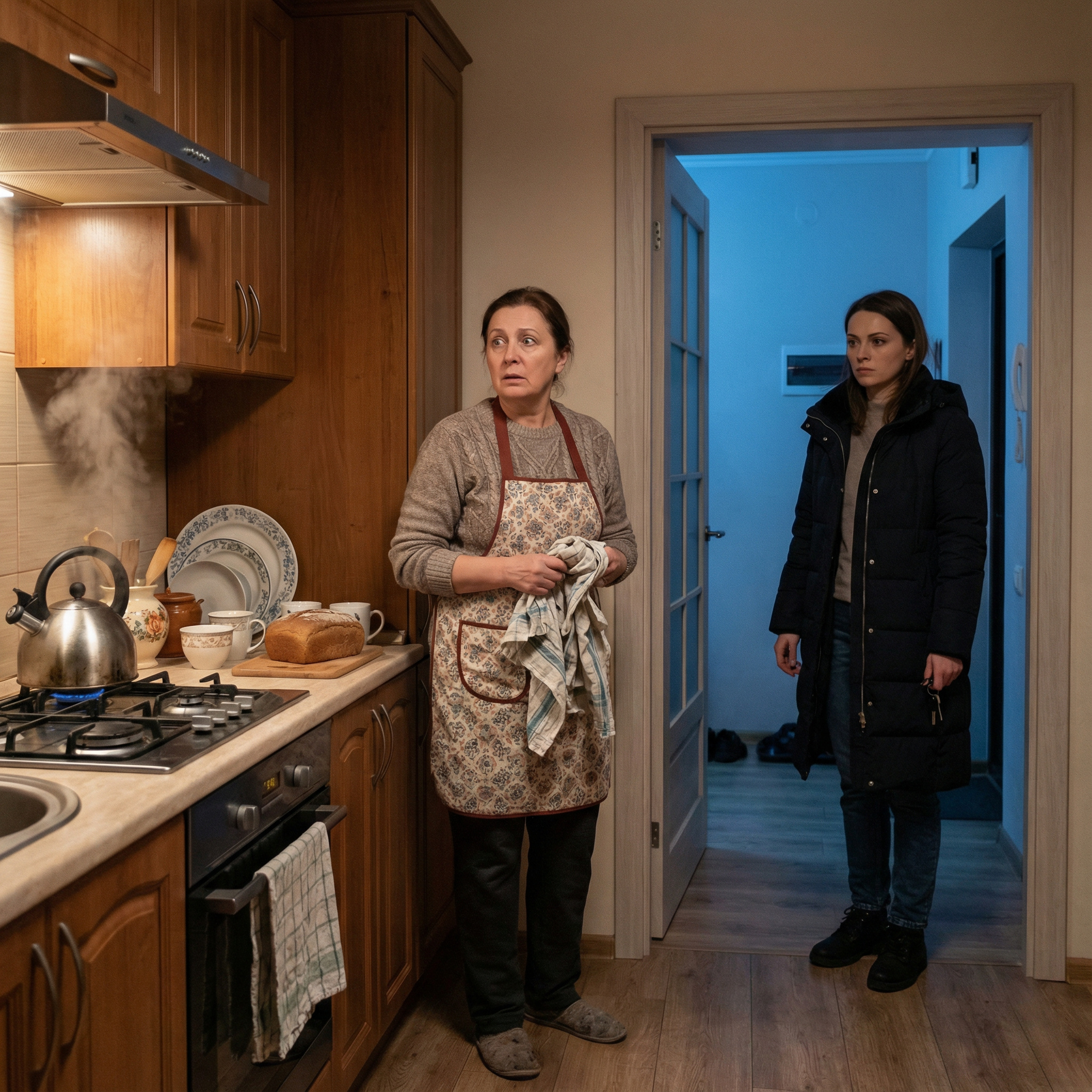 — Ой, — жінка завмерла, витираючи руки рушником. — Ви… ви вже повернулися? Олена дивилася на незнайомку, намагаючись зрозуміти, що відбувається.  А та виглядала так, ніби мала повне право перебувати тут — у фартуху Олени, з її рушником у руках, у її власній квартирі. — Так, я повернулася, — повільно промовила Олена. — А ви хто?