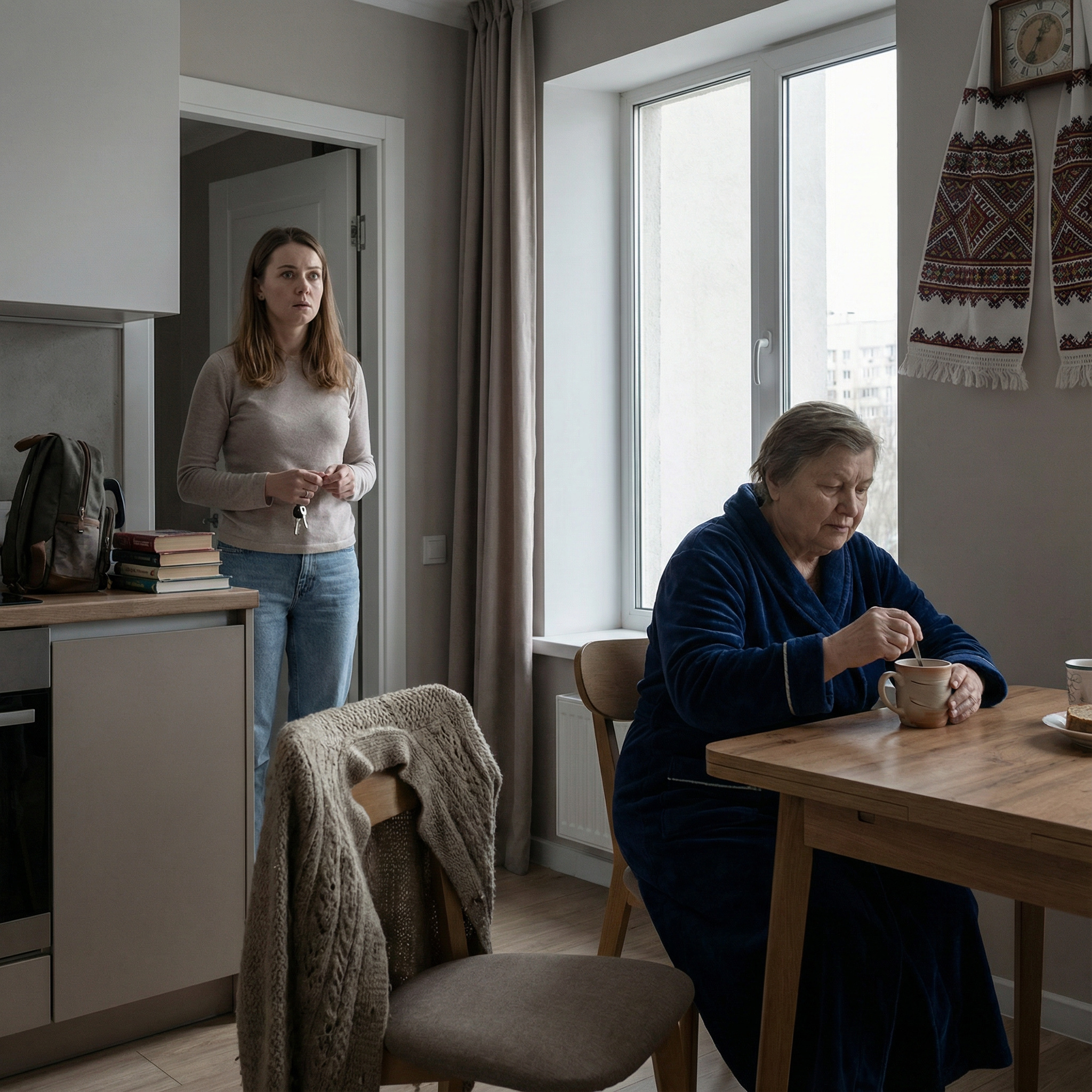 Оксана давно у мами жила, відтоді, як чоловік попросив піти її з дому. Та якось вона зібралася і поїхала до їхньої спільної квартири. Їй потрібно було забрати документи та одяг. Вона сподівалася, що Денис на роботі. Відчинивши двері своїм ключем, вона відчула запах хлорки та смажених котлет. В коридорі висіло знайоме пальто — сіре, з хутряним коміром. Пальто Варвари Іванівни. Оксана пройшла на кухню. Свекруха сиділа за столом у халаті Оксани. Це був її улюблений халат з м’якого велюру, який їй подарував тато. — О, Оксано! Прийшла-таки. Вибачатися будеш? — Варвара Іванівна навіть не встала. Вона спокійно помішувала чай у філіжанці Оксани. — Чому ви в моєму халаті? І що ви робите в моєму домі? — Твій дім там, де твоя мама, — посміхнулася свекруха. — А тут тепер я. Денискові важко самому, він попросив мене переїхати, щоб я готувала йому нормальну їжу і стежила за порядком. Твої речі я склала в коробки на балконі, вони заважали мені в шафі. В цей момент увійшов Денис