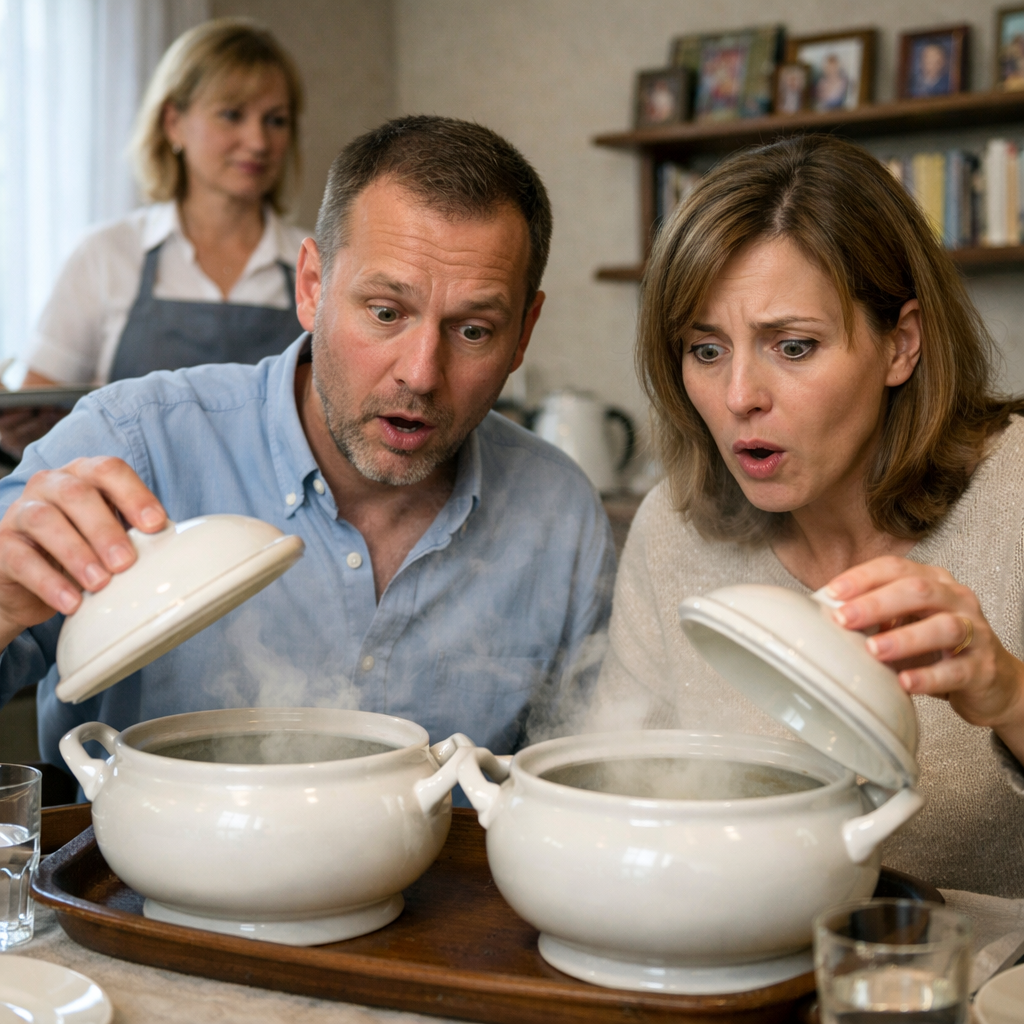 – Валю, приготуй щось на стіл, – Захар зайшов до дружини на кухню. – Сьогодні до нас у гості прийде мій товариш з дружиною. – А ти попередити раніше не міг? – обурилася дружина. – Валю, ти ж така чудова господиня, ти впораєшся, – лестився Захар. Валентина здалася і взялася за готування. Через декілька годин у двері подзвонили. Захар зустрів гостей і провів їх у зал. – Ну, що там Валю? Все готово? – чоловік повернувся на кухню. – Так, – підтвердила дружина. Валентина поставила супниці на тацю і віднесла гостям. Гості відкрили кришки в супницях і застигли від побаченого