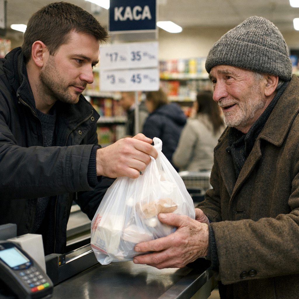 Андрій приїхав у магазин. Він купив найдешевших продуктів і пішов на касу. Грошей до зарплати вже майже не було… – Внучику, а не знайдеться у тебе гривень двадцять на хліб? – Андрій і не помітив зовсім сивого старого. – Тяжко, дідусю? – запитав співчутливо Андрій, порпаючись у кишенях. Але там нічого не було. – Ось, діду, тримай, – Андрій рішуче простягнув старому свій пакет з продуктами. Той від подиву й радості забурмотів щось невиразне… Андрій сів у машину і поїхав додому. Він повільно їхав у потоці машин, від нудьги роздивляючись сусідні автівки. Раптом його увагу привернуло щось перед колесом передньої машини. Андрій придивився й оторопів