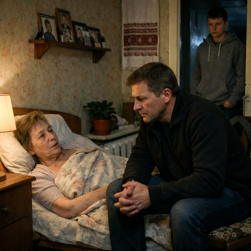 Марина вже йшла спати, як раптом хтось постукав у двері. Вона накинула халатик і пішла відкривати. Чоловік Марини Степан пішов слідом. На порозі стояв сусідський хлопець Микола. – Дядьку Степане, зайдіть до нас, – сказав Микола. – Мама щось сказати вам хоче. Степан одягнувся й пішов до матері Миколи. – І що Марії від мене треба? – бурмотів він дорогою. Степан зайшов до сусідки, взяв стілець і сів біля її ліжка. – Недовго мені лишилося, Степане, – сказала Марія. – Не стане мене скоро… Я маю розповісти тобі таємницю… Степан здивовано дивився на Марію нічого не розуміючи