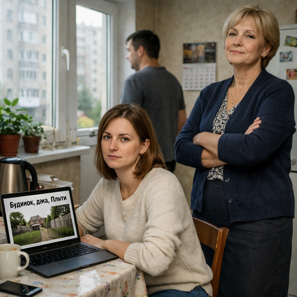 Це що, дачу собі вибираєте? — підглядала свекруха. — А чому я про це дізнаюся останньою? — вона випросталася, склавши руки. Олена відчула знайоме напруження в плечах. Кожен такий візит свекрухи закінчувався тим, що їхні власні плани розчинялися в її «мудрих» порадах. — Ми тільки почали дивитися, Ларисо Петрівно, — спокійно відповіла Олена. — Це просто один із варіантів. — Які варіанти? — свекруха зневажливо махнула рукаою. — Слухайте мене, я поганого не пораджу. Моя кума, Марія Григорівна, якраз продає хату в Плютах. Переїжджає до сина в Полтаву. Хата — моноліт! Ділянка рівна, як стіл. Вона за нею доглядала, як за дитиною, поки ноги не почали крутити. — Ми вже знайшли те, що нам до душі. — Та що ви там знайшли? — Лариса Петрівна тицьнула пальцем у фото на екрані. — Паркан лежить, сад запущений. А в Григорівни все капітально. Я з нею поговорю, вона ще й ціну скине як для своїх. Ми тридцять років знайомі, вона мені не відмовить, от побачите