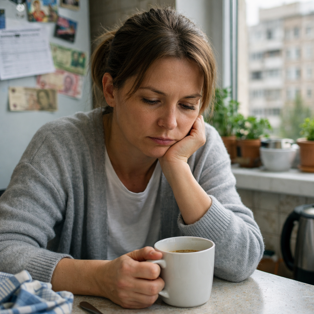 Оксана сиділа на кухні, втупившись у чашку давно холодного чаю.