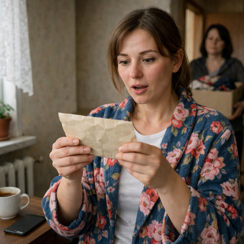 Катя чекала машину, поглядаючи у вікно. Її мами недавно не стало і сестра мала привезти її речі. – Ти, Лідо, що хочеш, то бери, а решту я в себе залишу, – сказала вона сестрі. Катя розклала речі і приміряла мамин халат. Вона засунула руку в кишеню, аж раптом щось там намацала. То був конверт. Розкривши його, жінка ахнула