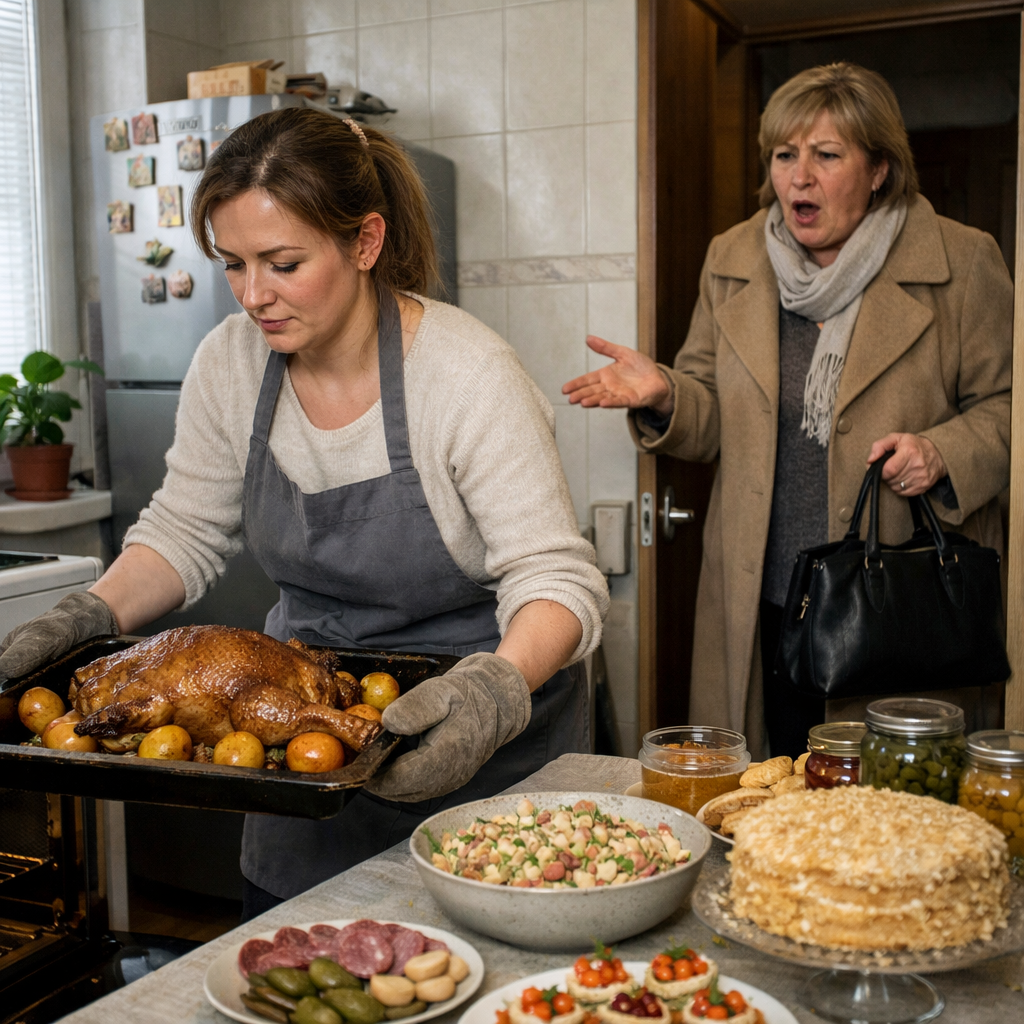 Ти що олів’є з вареною ковбасою накришила?! — Голос Світлани Петрівни, свекрухи, пролунав від самих дверей. Вона навіть не встигла скинути своє елегантне пальто. Тетяна саме виймала з духовки золотисту качку, запечену з яблуками. На столі вже красувалися вишукані закуски, нарізки, домашні маринади та королева вечора — велетенський торт «Наполеон», на який невістка витратила цілу ніч. — Так, Світлано Петрівно, з ковбасою. А що не так? — Тетяна намагалася бути спокійною. — Як це «що не так»?! У нашій родині, відколи я себе пам’ятаю, олів’є робиться виключно з відвареною телятиною! Тільки так! Моя мама так готувала, я все життя так роблю, і ти, як дружина мого сина, мусиш дотримуватися цих традицій! — Але ж Микола більше любить саме з ковбасою, — тихо зауважила Тетяна. — Микола?! — мати зневажливо пирхнула. — Микола у нас тепер, я бачу, мовчить своїй дружині? До двадцяти років він їв те, що я давала, і завжди дякував, ще й добавки просив! Не вигадуй дурниць, дитино