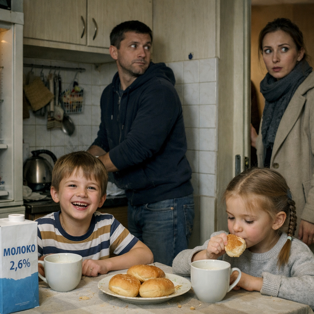 Микола зайшов на кухню, сполоснув дві чашки і налив дітям молока. Поки вони їли, чоловік поставив чайник, вимив посуд. Хотів ще скласти продукти в холодильник, але той виявився настільки брудним, що чоловік передумав. Раптом пролунав звук відчинених дверей. На кухню зайшла Юля. – Мамо, а дядько Микола нам булочок купив і молока, – одразу радісно повідомив хлопчик. – Який ще дядько Микола?! – Юля здивовано дивилася на чоловіка і не розуміла, що відбувається