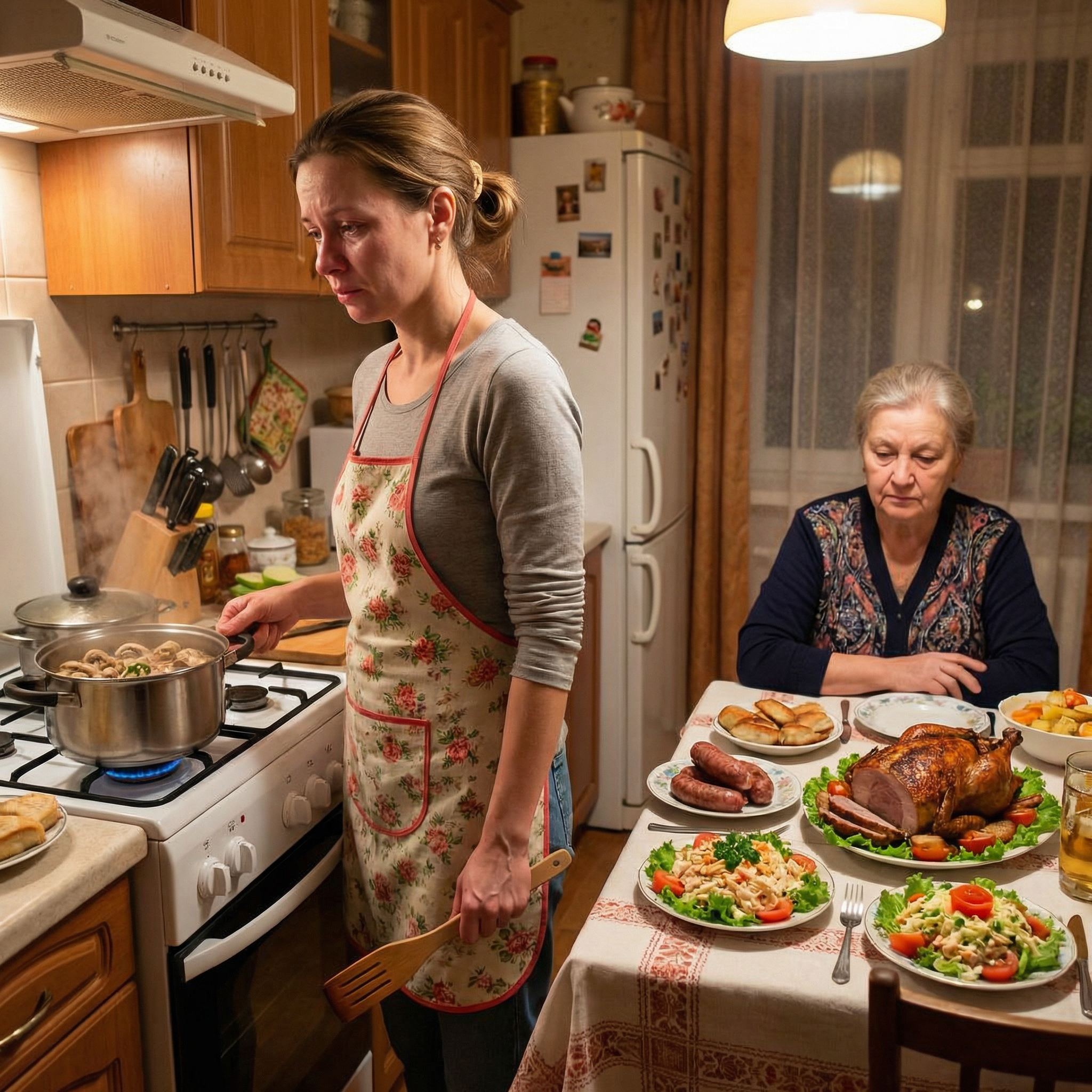 Катерино, ти ж жінка мудра, сама маєш розуміти: Вербна неділя — свято сімейне, а у мене в хаті місця — як у рукавичці, — Марія Іванівна опустила очі, ніби розглядаючи візерунок на скатертині, яку невістка прасувала ще вдосвіта. Катя на мить завмерла, міцно стиснувши в руках дерев’яну лопатку. На плиті ще дихали парою свіжоспечені крученики з грибами, а на столі вишикувалися ряди лотків: золотиста печеня, домашня ковбаска, яку вона начиняла сама, і два види салатів, прикрашені так вишукано, наче для обкладинки журналу. — Тобто, мамо, ви хочете сказати, що я цілу добу на кухні провела як найнята куховарка, а за святковий стіл мені сісти не вийде? — голос Каті тремтів, хоч вона й намагалася тримати себе в руках. Завтра була не просто Вербна неділя. Так збіглося, що саме цього дня Марія Іванівна святкувала свій ювілей — шістдесят років. Вона заздалегідь обдзвонила сина, просила приїхати раніше, бо «роки вже не ті, сама не впораюся з готуванням, а хочеться, щоб перед людьми соромно не було»