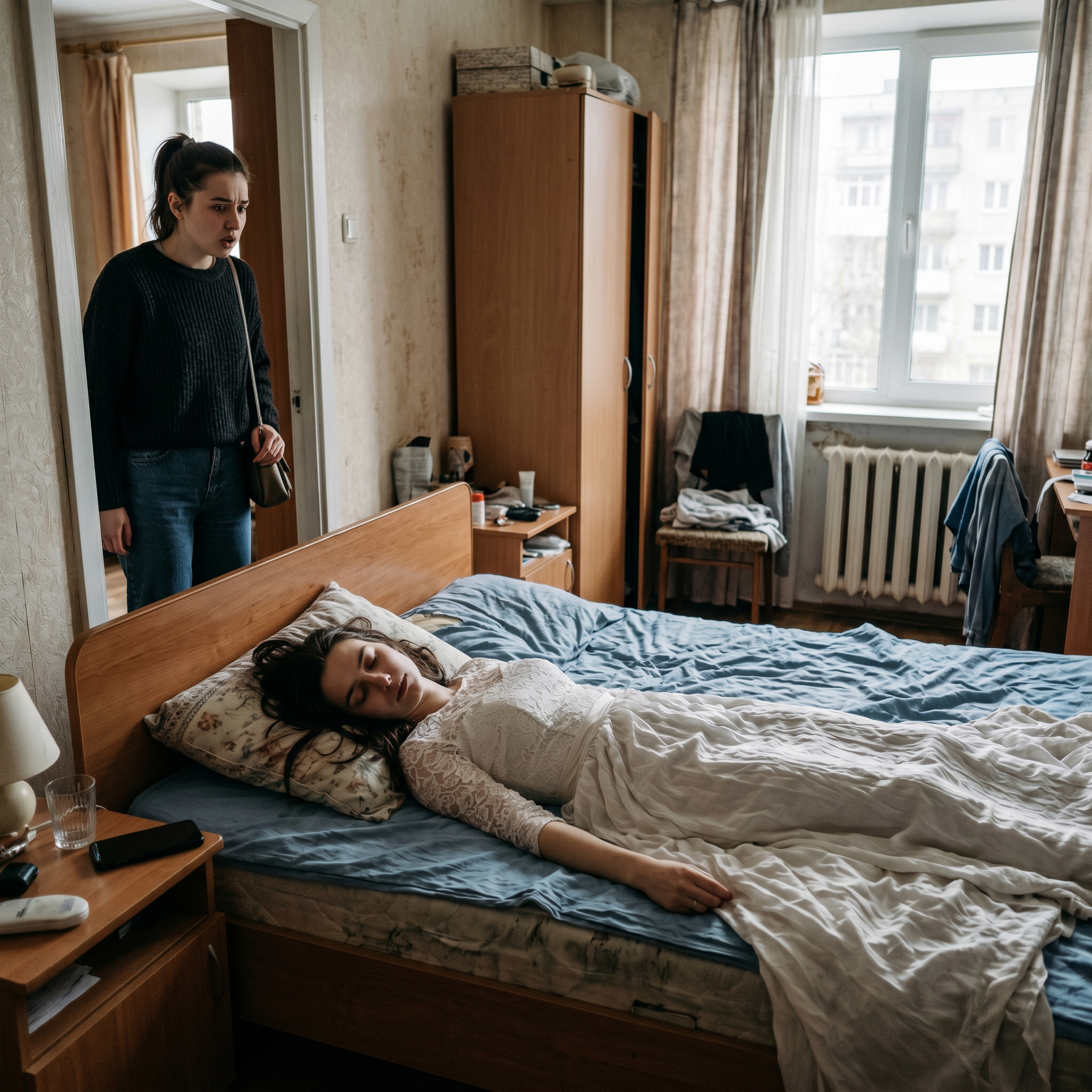 Маргарита пройшла до спальні. Вікторія лежала на ліжку прямо у весільній сукні, розкидавши волосся по подушці. Поруч, на вішаку, висіла та сама весільна сукня — білосніжна, пишна, неймовірна. Маргарита підійшла до неї і обережно торкнулася тканини. Це була сукня, на яку пішли її 60 тисяч. Сукня, яку вона так і не побачила на своїй дитині