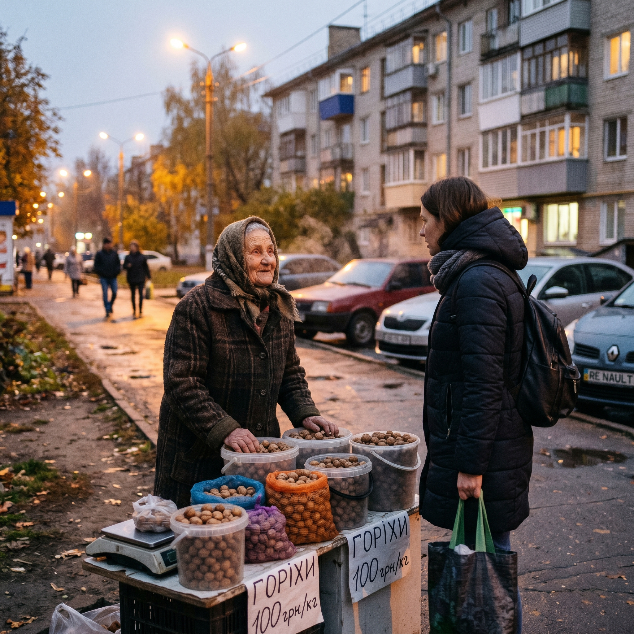 Бабусю, а скільки коштують у вас горіхи? Жінка підняла голову. На Людмилу подивилися добрі, неймовірно втомлені очі, оточені сіткою глибоких зморшок. — Ой, добрий вечір, доню, — голос бабусі трохи тремтів від холоду. — Та небагато вони коштують. Я й дешевше віддам, аби тільки вже розійшлося все. Бо мені ще на автобус встигнути треба, а він останній через пів години. — Ви далеко живете? — Людмила відчула, як холодний вітер пробирається під її пальто, і їй стало ніяково від того, що вона стоїть тут у дорогому взутті, а ця жінка мерзне на бетоні. — У селі, дитино… Вишневе називається. Тут воно ніби й недалеко, але поки доїдеш, поки до хати дійдеш — то вже й ніч. Людмила подивилася на товар. Чотири пакети горіхів, три банки огірків і маленька баночка з чимось червоним, схожим на малину. — Я заберу все, — несподівано для самої себе сказала Людмила