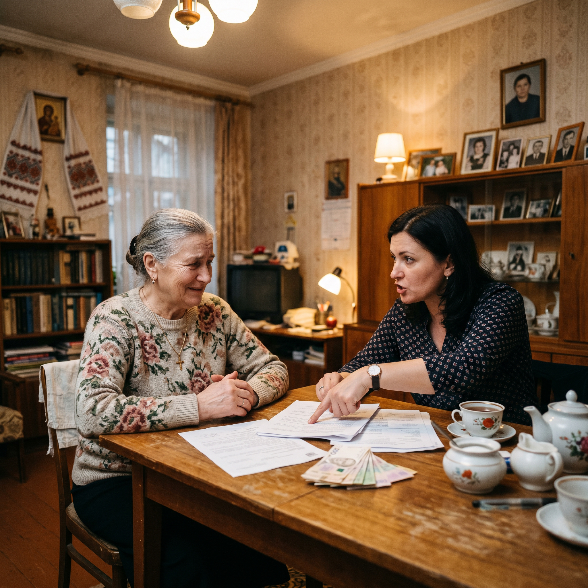 Слухайте, мамо, треба якось питання вирішувати. По справедливості. — Яке питання, Галочко? — я ще посміхалася, не відчуваючи лиха. — Та з грошима. Ось подивіться: в Оксани дім величезний, два поверхи, гараж, сад. Ви туди стільки вклали, що й не порахувати. А Тарасові ви дали лише дванадцять тисяч. Це нечесно. Ви ж мати обом однаково. Ви маєте тепер купити йому хоча б однокімнатну квартиру, щоб він мав щось своє, а не залежав від моїх батьків. Я глянула на сина. Тарас мовчав, опустивши очі в тарілку. Він вивчав візерунок на скатертині так уважно, ніби там були зашифровані відповіді на всі питання Всесвіту. Але за цим мовчанням я чітко бачила згоду. Він чекав цих грошей. Оксана миттєво змінилася в обличчі. Вона відставила келих і різко повернулася до невістки. — Що значить «дати»? Мама живе у нас, ми її доглядаємо, ми — її опора. І взагалі, Галю, мама тільки з дороги, які можуть бути розмови про квартири